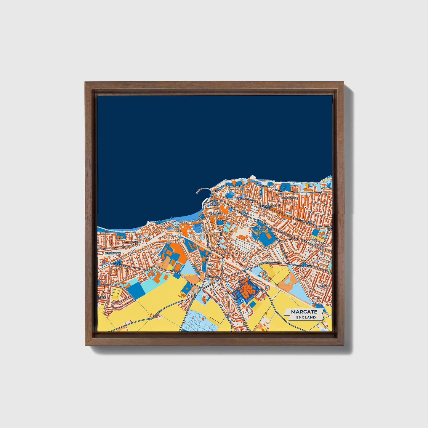 Margate England Colorful City Map Canvas Print • Dark Wooden Framed