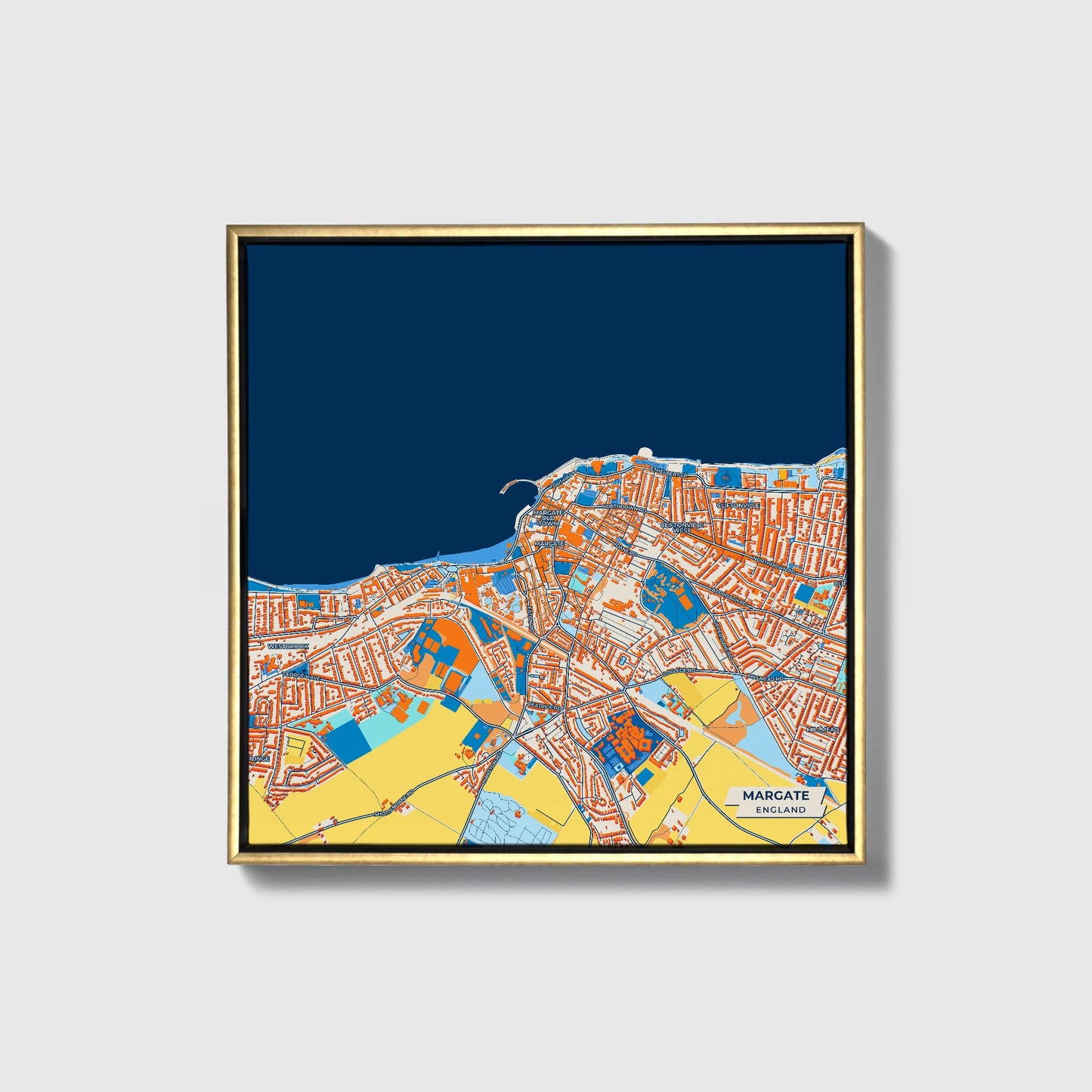Margate England Colorful City Map Canvas Print • Gold Framed