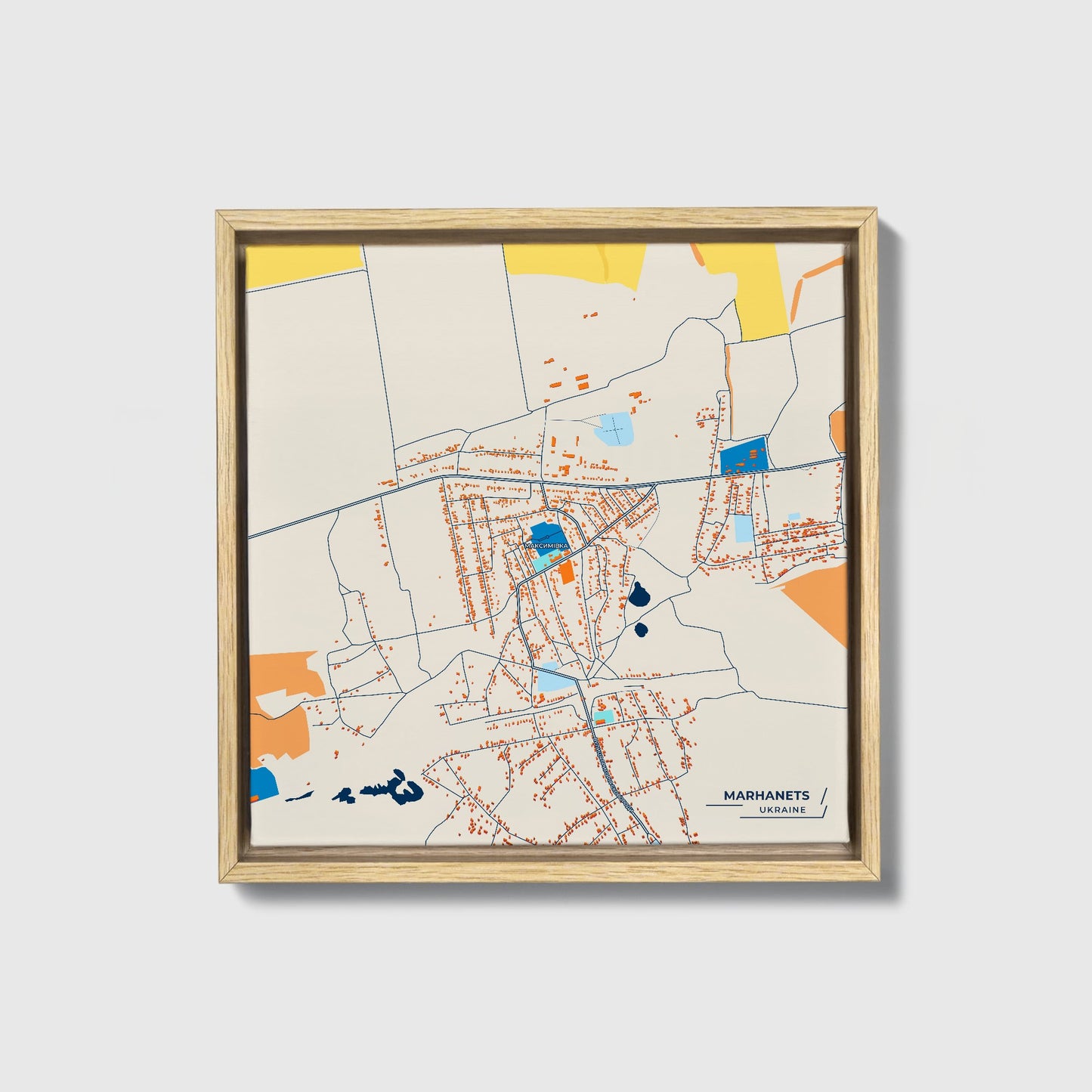 Марханець Ukraine Colorful City Map Canvas Print • Natural Wooden Framed