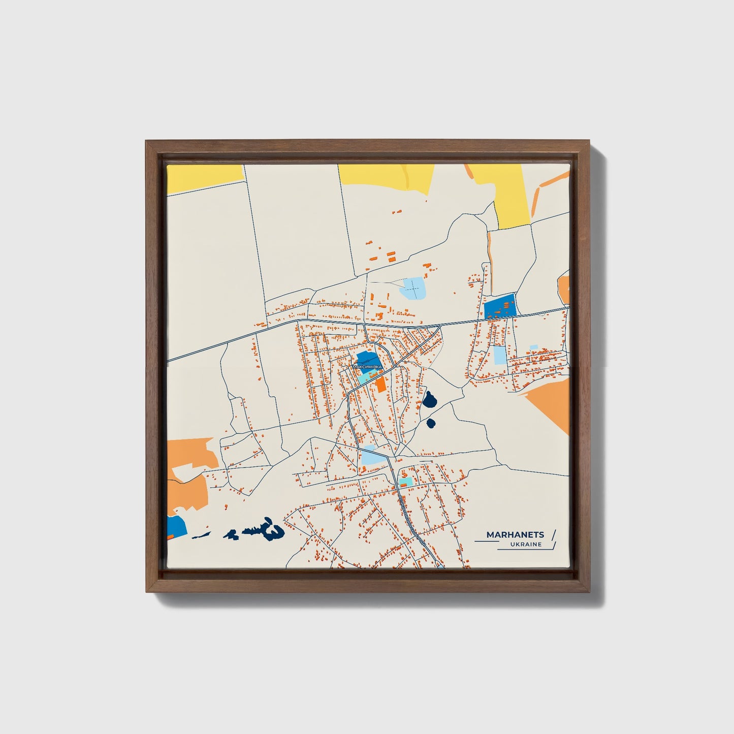 Марханець Ukraine Colorful City Map Canvas Print • Dark Wooden Framed