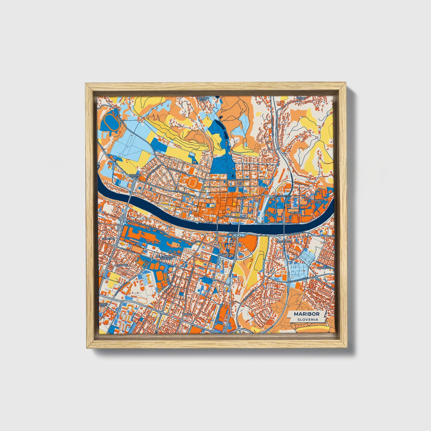 Maribor Slovenia Colorful City Map Canvas Print • Natural Wooden Framed