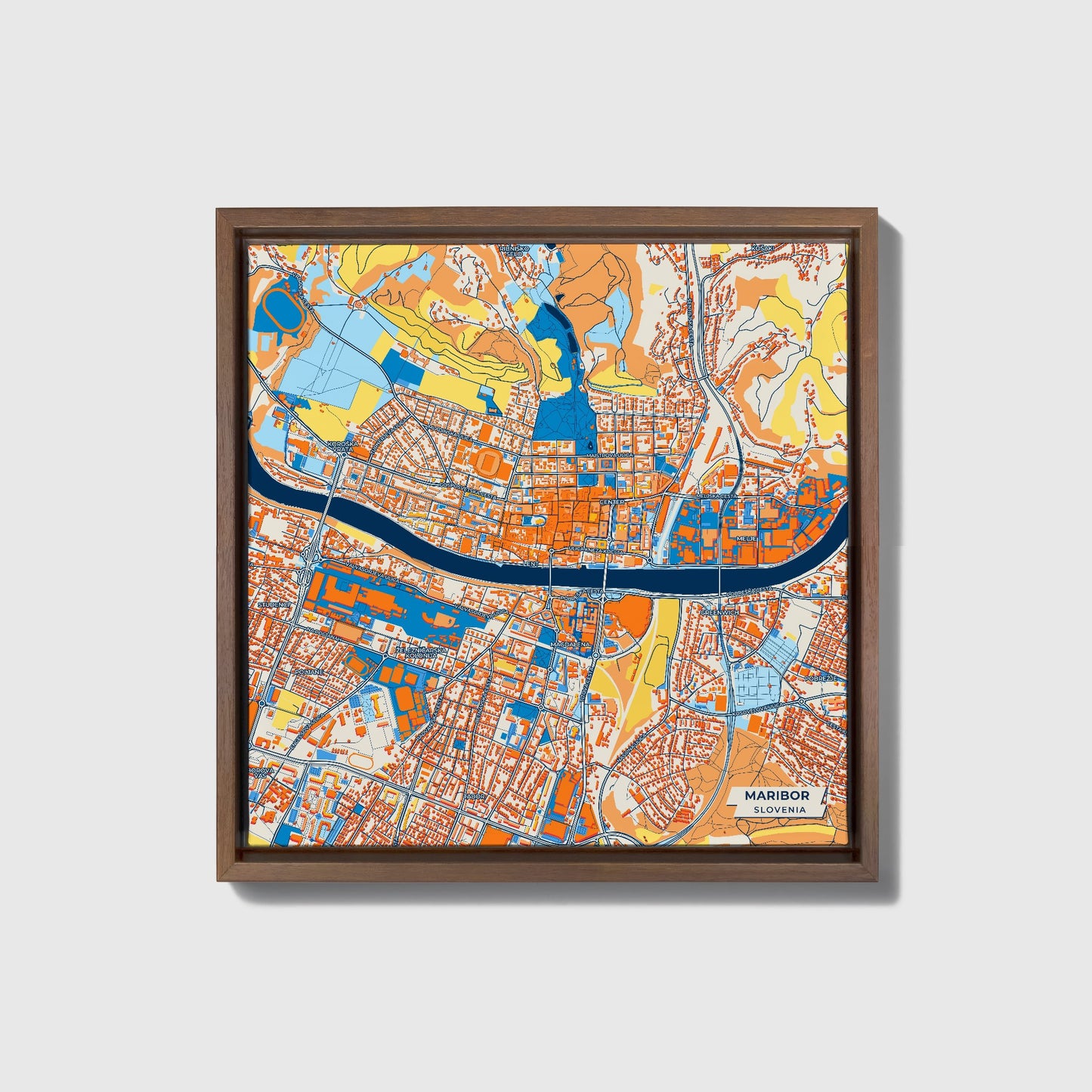 Maribor Slovenia Colorful City Map Canvas Print • Dark Wooden Framed