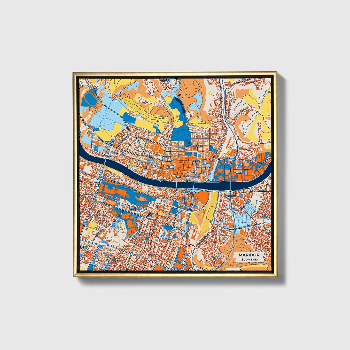 Maribor Slovenia Colorful City Map Canvas Print • Gold Framed