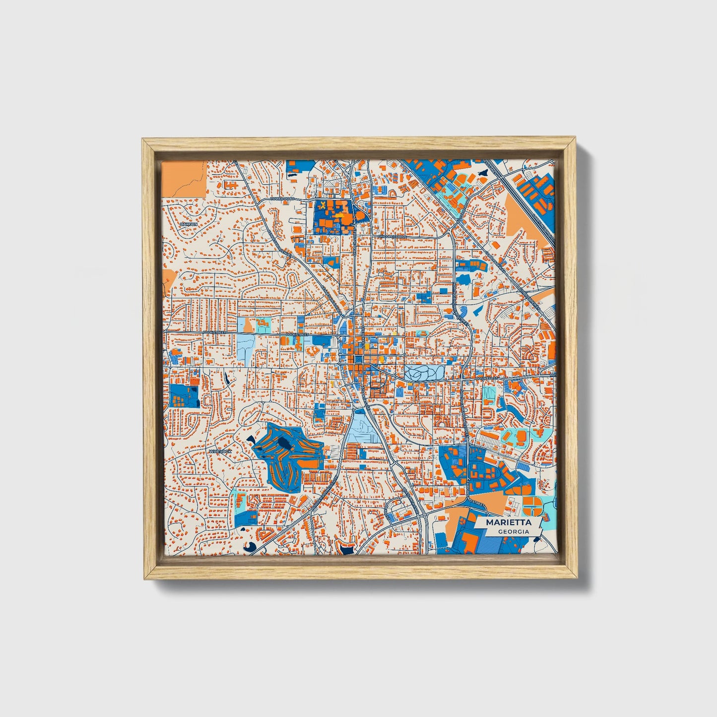 Marietta Georgia Colorful City Map Canvas Print • Natural Wooden Framed