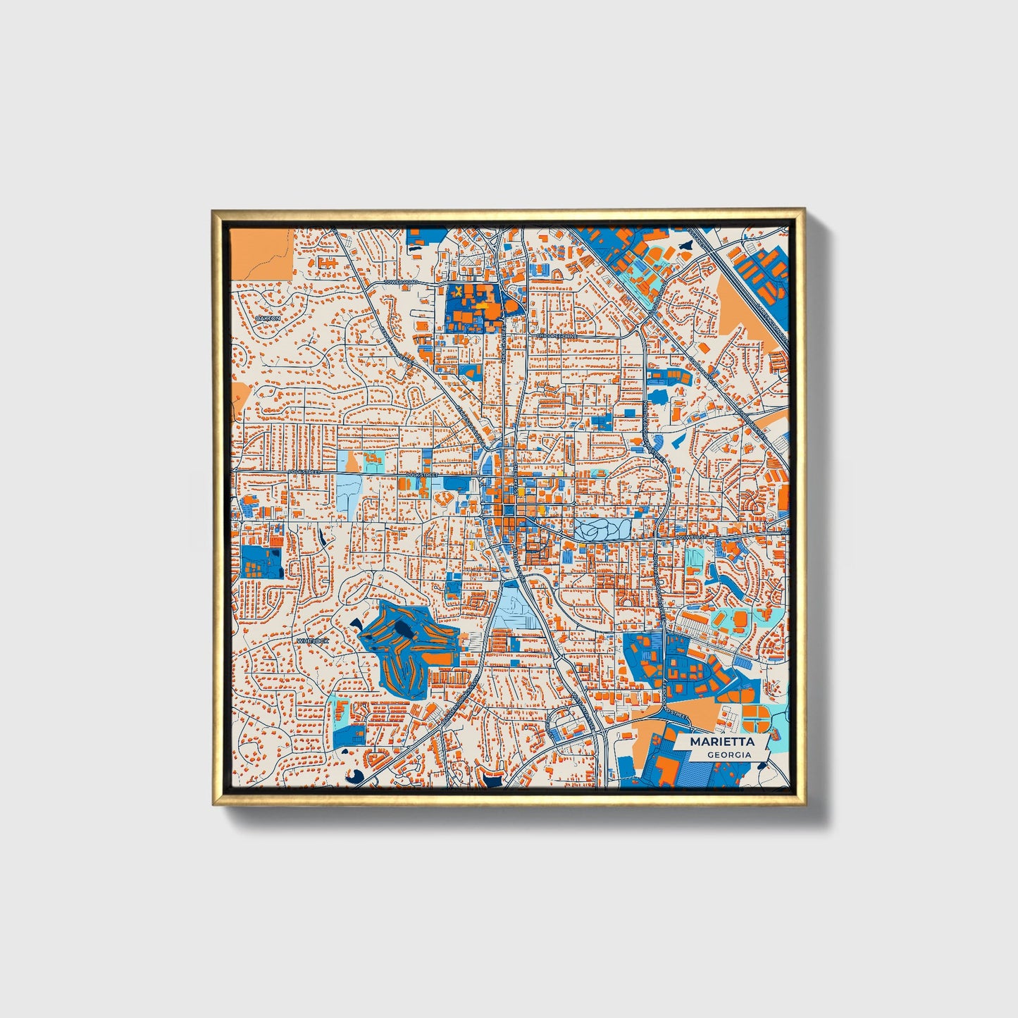 Marietta Georgia Colorful City Map Canvas Print • Gold Framed