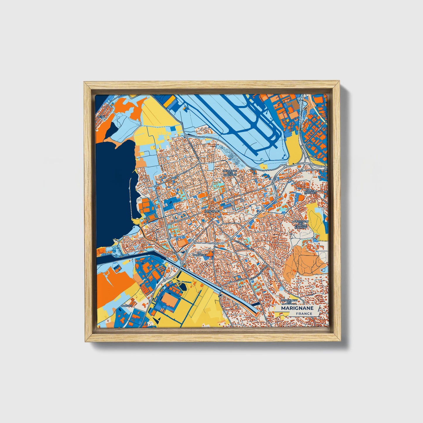 Marignane France Colorful City Map Canvas Print • Natural Wooden Framed
