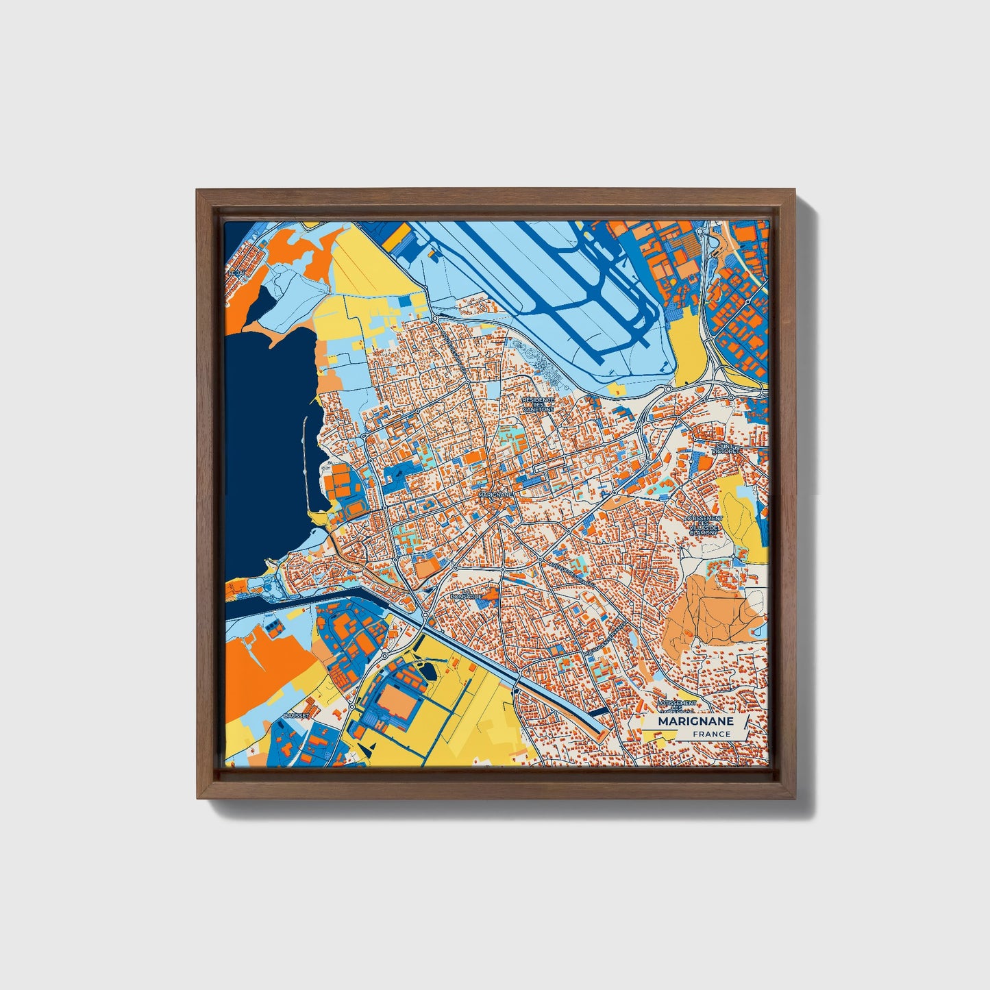 Marignane France Colorful City Map Canvas Print • Dark Wooden Framed