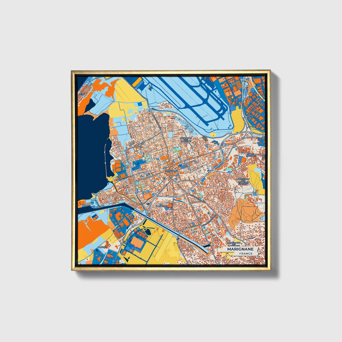 Marignane France Colorful City Map Canvas Print • Gold Framed