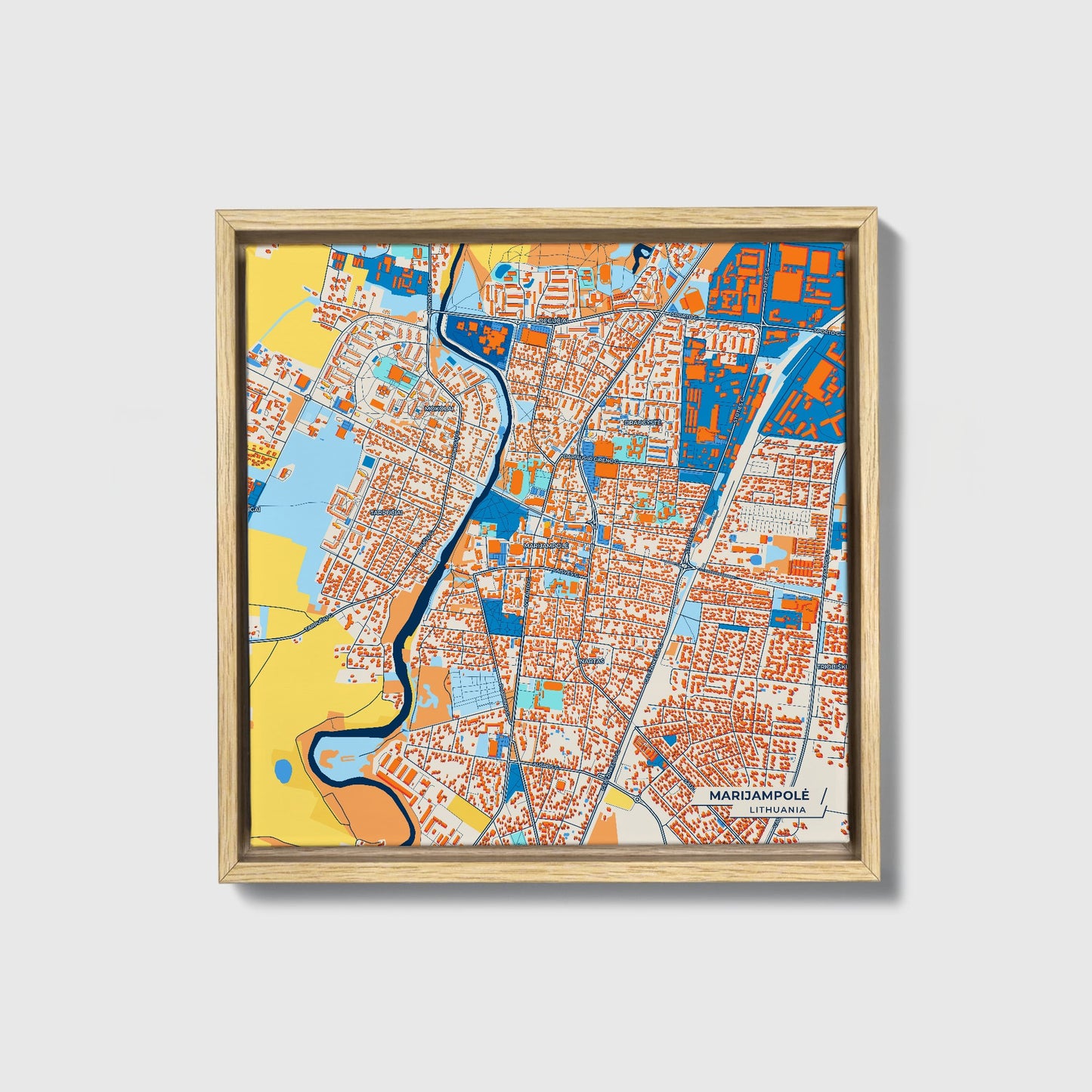 Marijampolė Lithuania Colorful City Map Canvas Print • Natural Wooden Framed