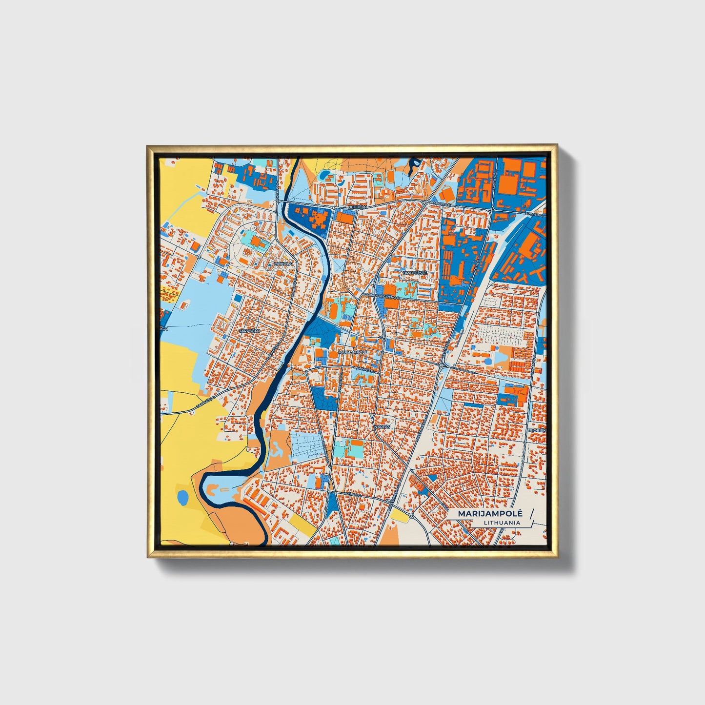 Marijampolė Lithuania Colorful City Map Canvas Print • Gold Framed
