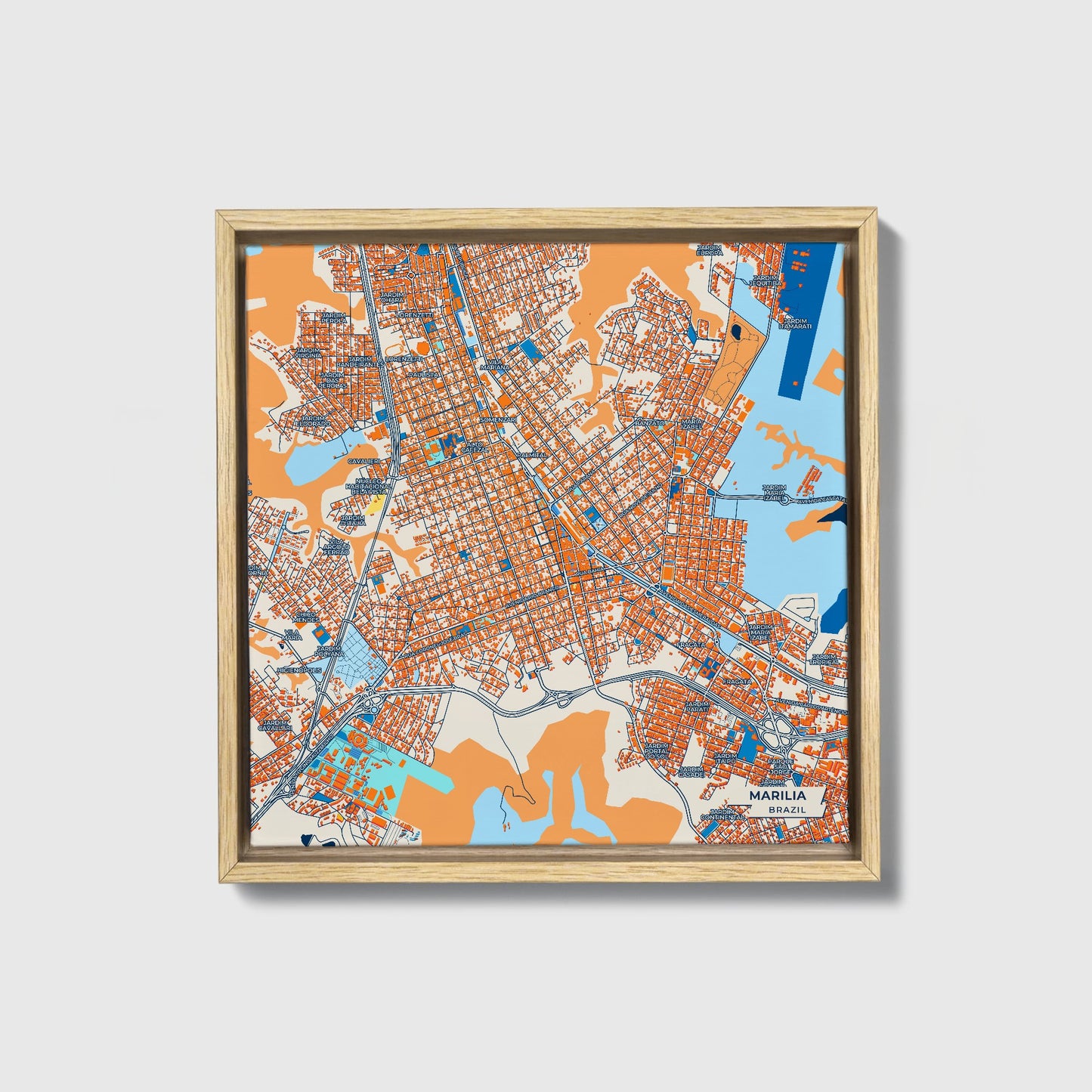 Marilia Brazil Colorful City Map Canvas Print • Natural Wooden Framed