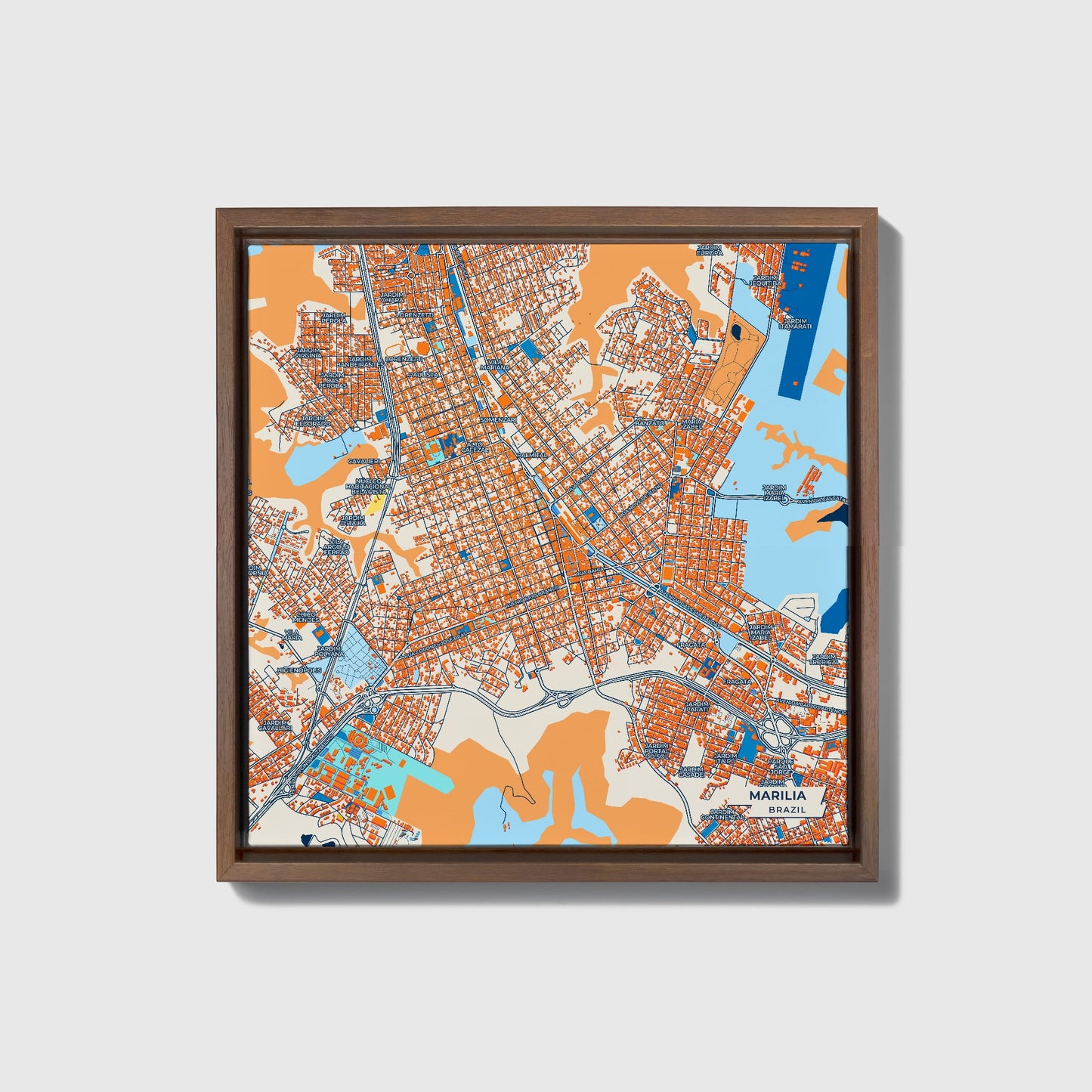 Marilia Brazil Colorful City Map Canvas Print • Dark Wooden Framed