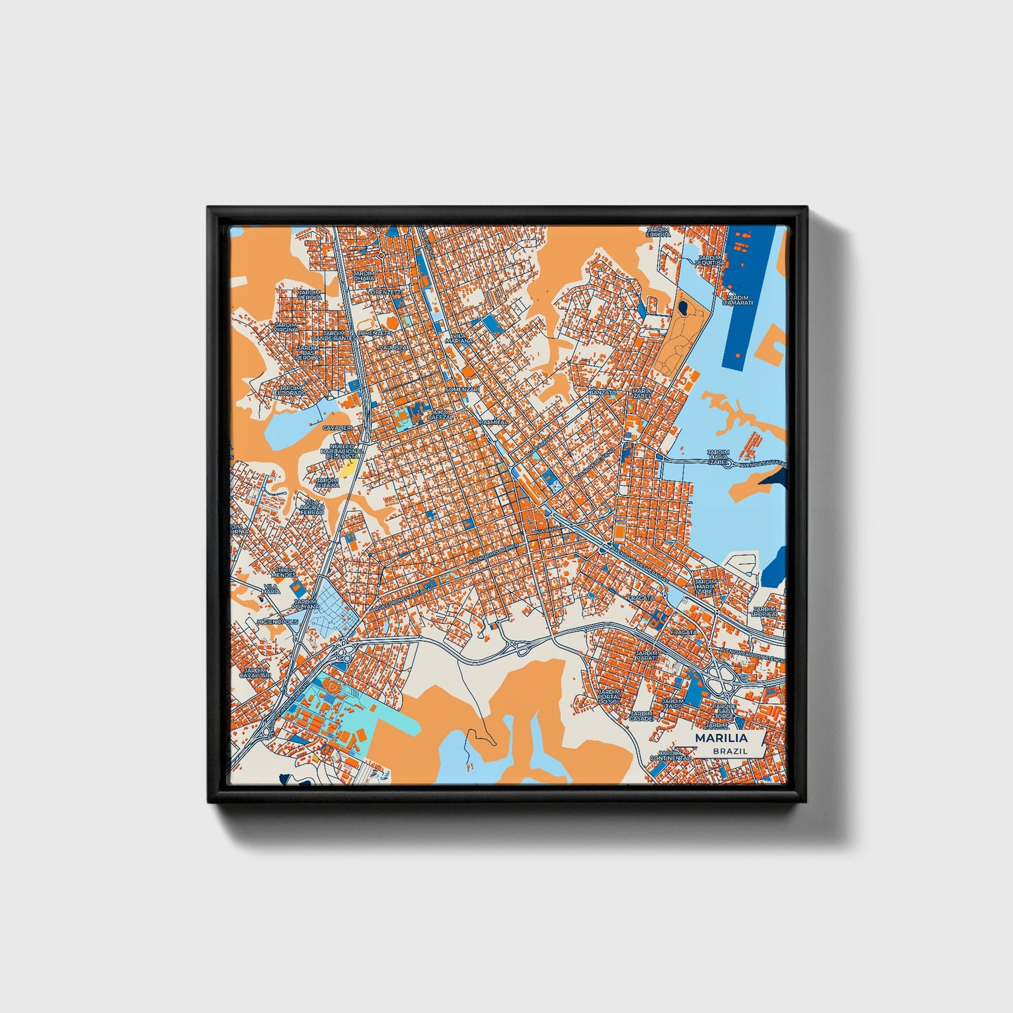 Marilia Brazil Colorful City Map Canvas Print • Black Framed