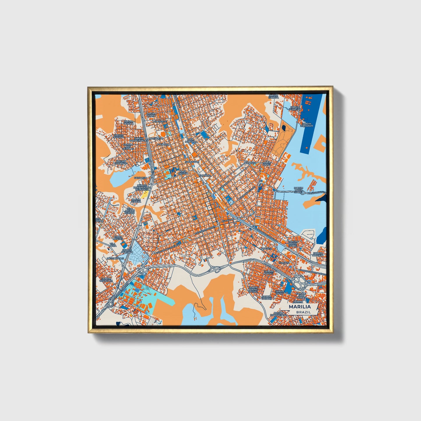 Marilia Brazil Colorful City Map Canvas Print • Gold Framed