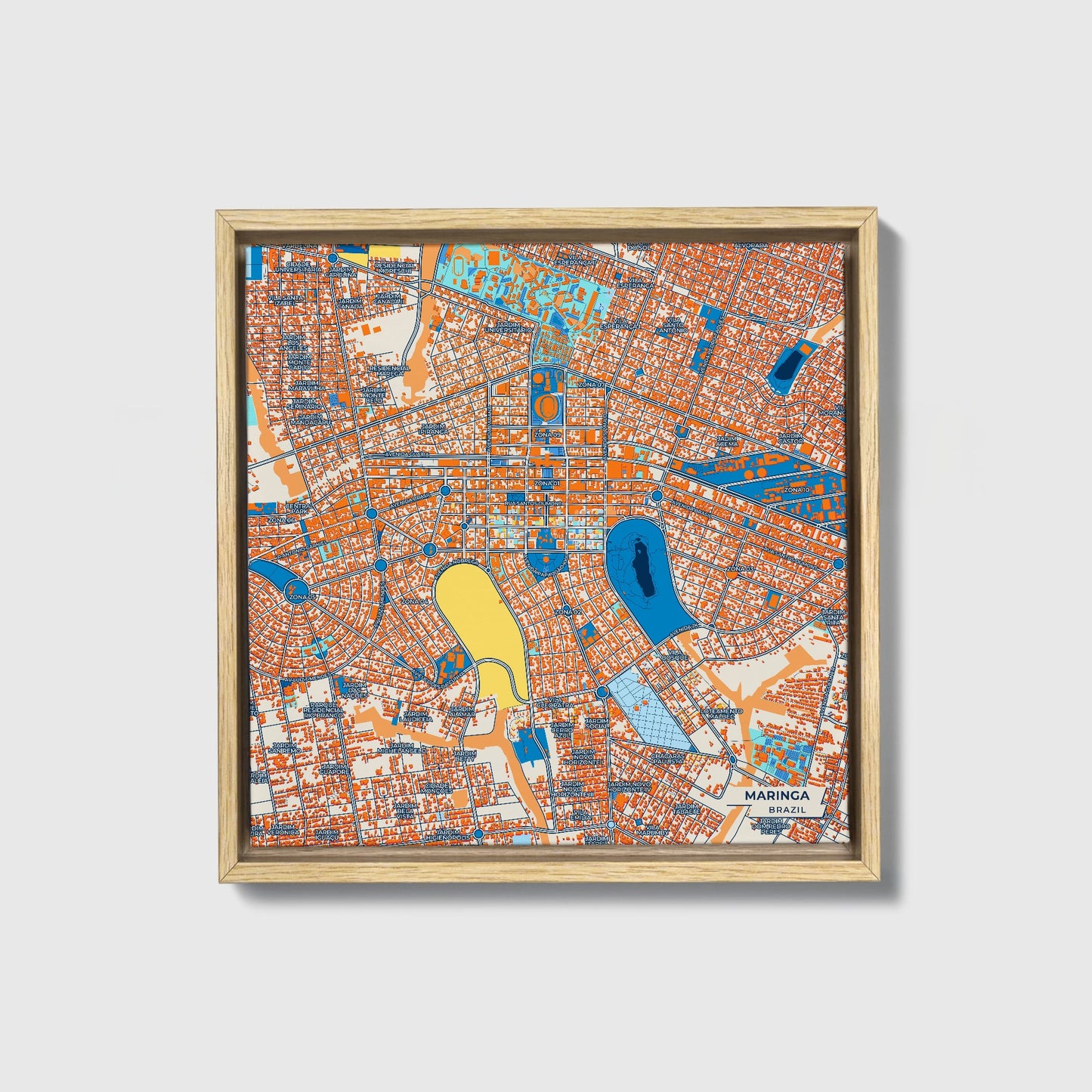 Maringa Brazil Colorful City Map Canvas Print • Natural Wooden Framed