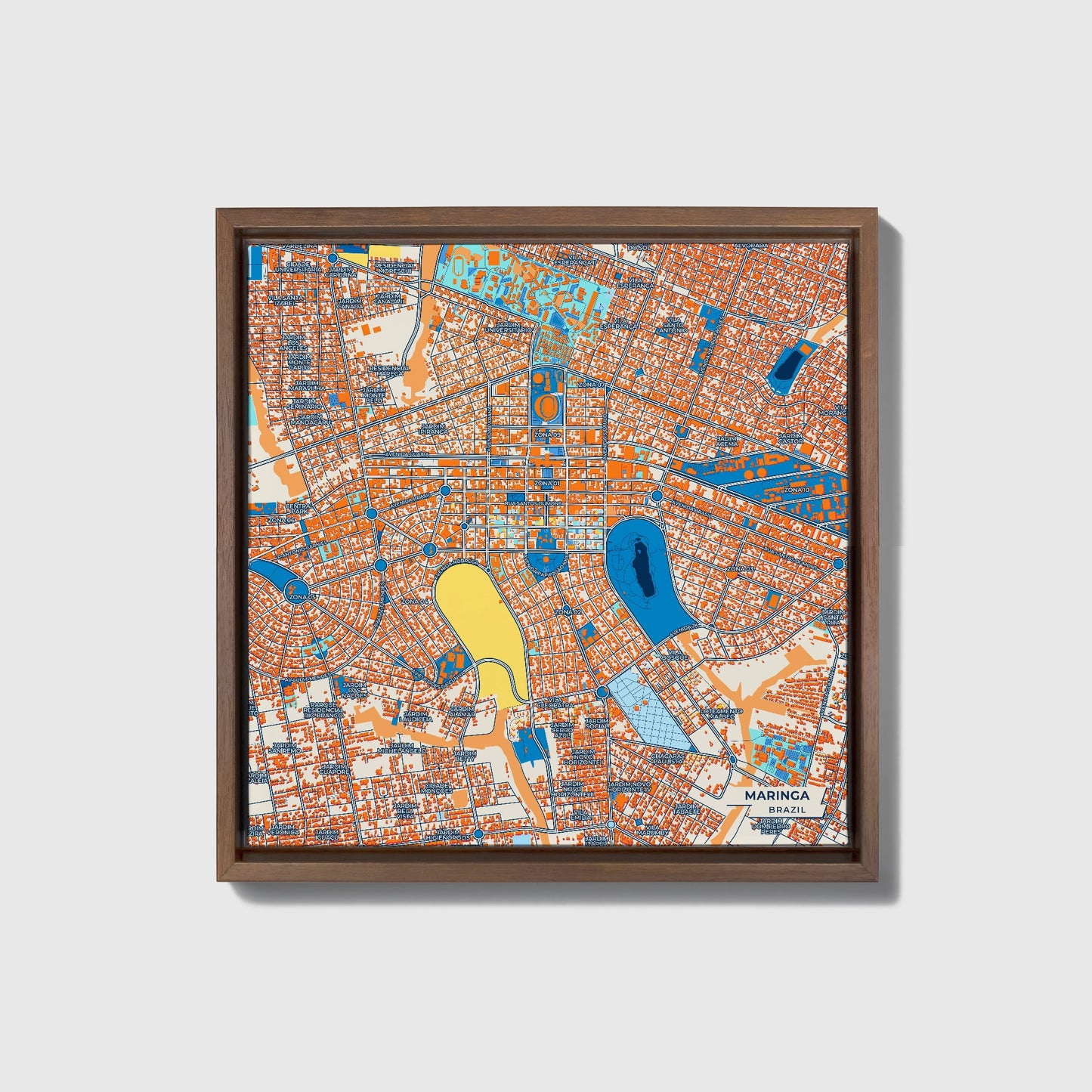 Maringa Brazil Colorful City Map Canvas Print • Dark Wooden Framed