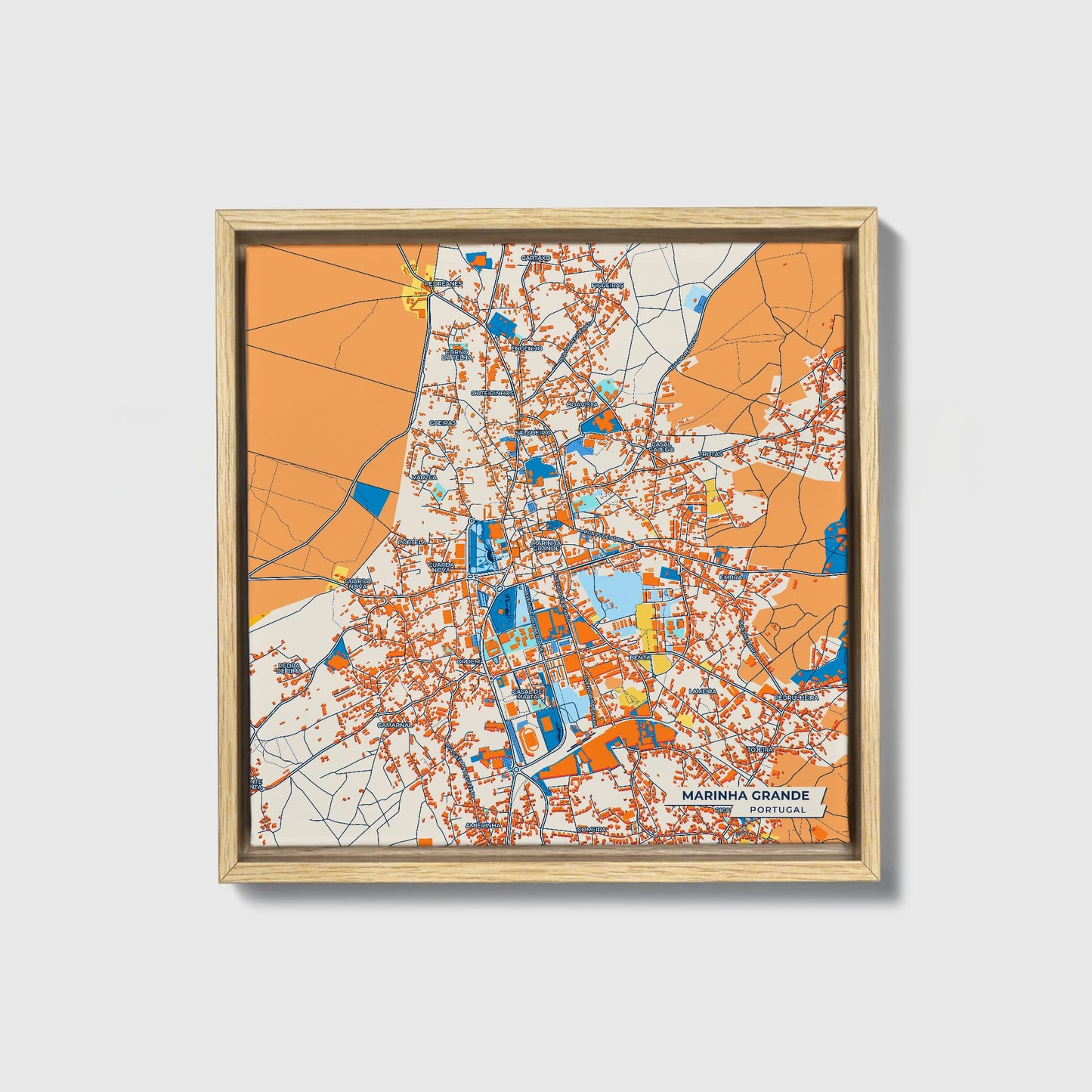 Marinha Grande Portugal Colorful City Map Canvas Print • Natural Wooden Framed