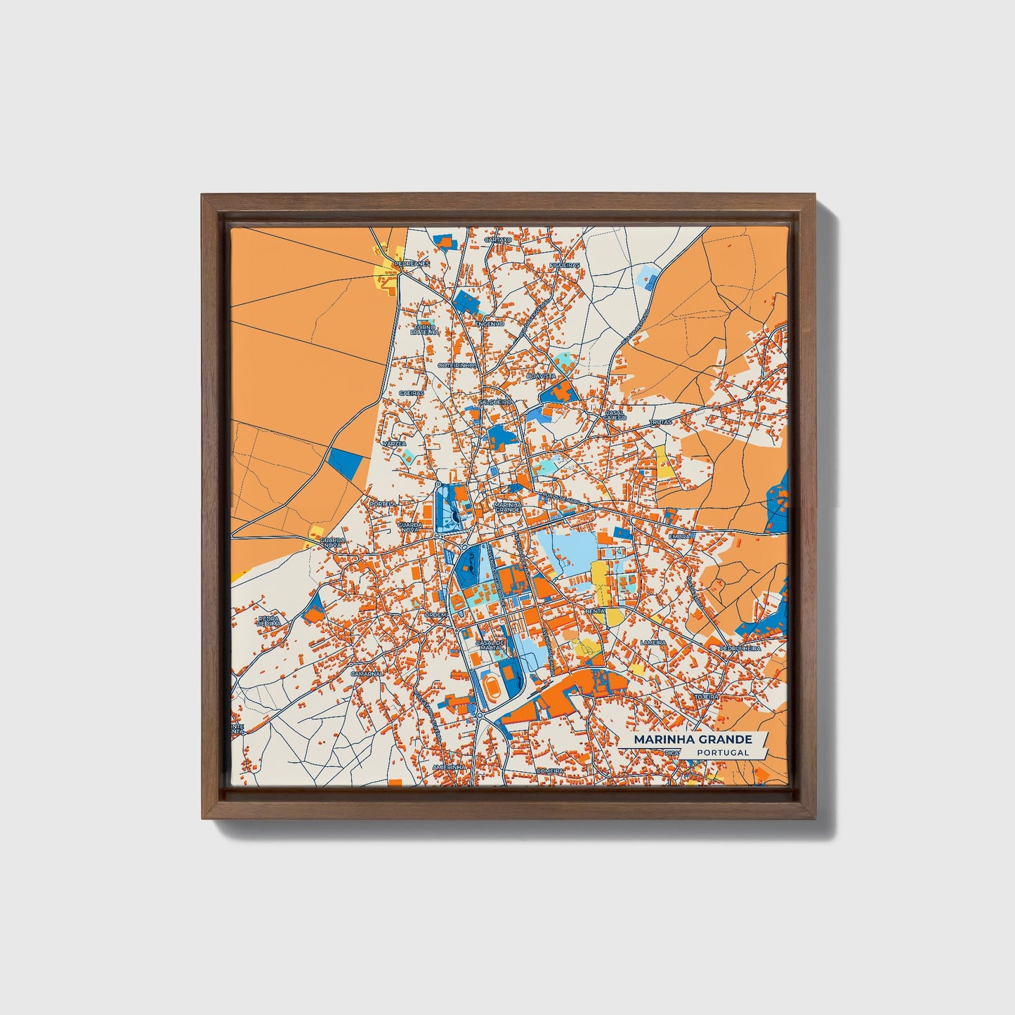 Marinha Grande Portugal Colorful City Map Canvas Print • Dark Wooden Framed