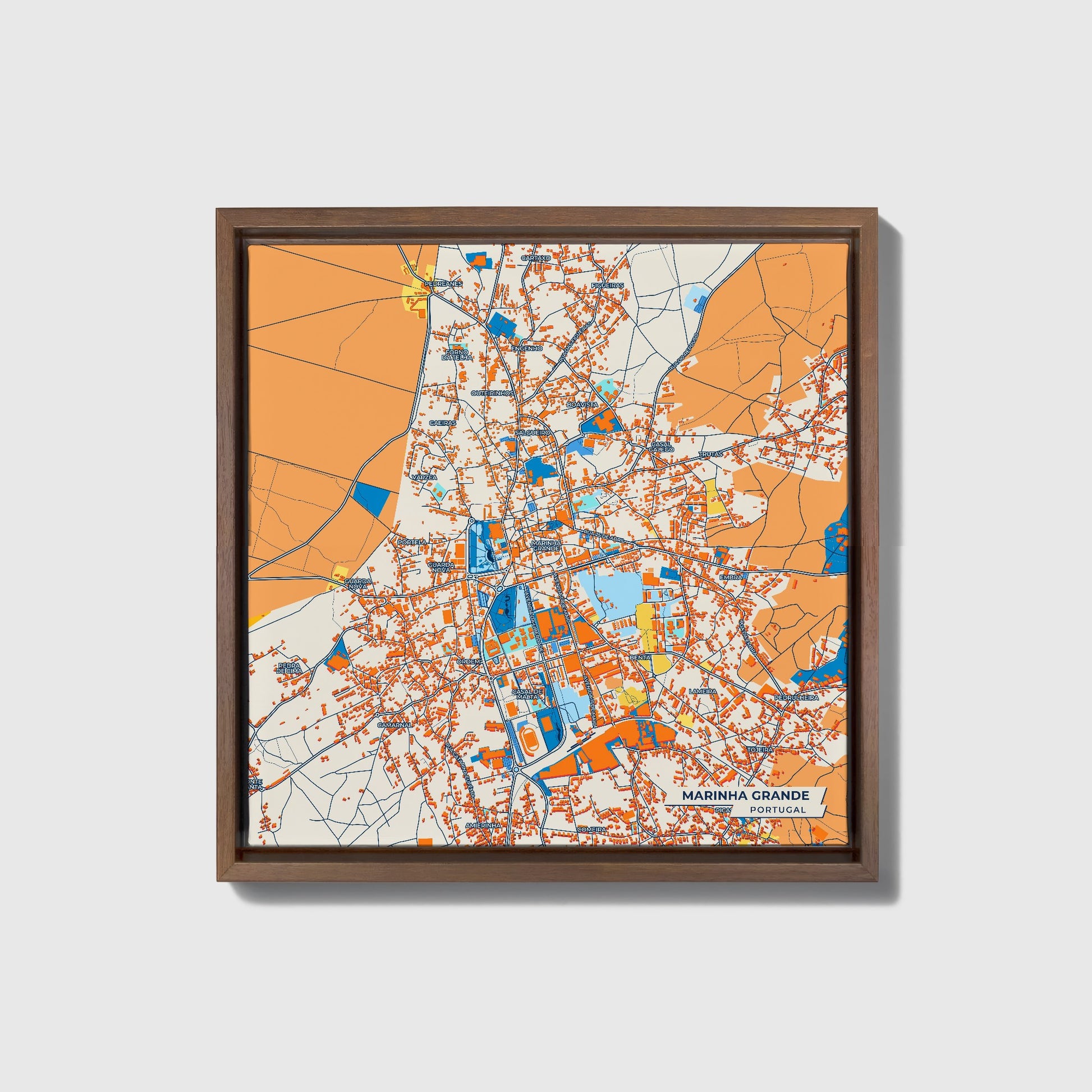 Marinha Grande Portugal Colorful City Map Canvas Print • Dark Wooden Framed