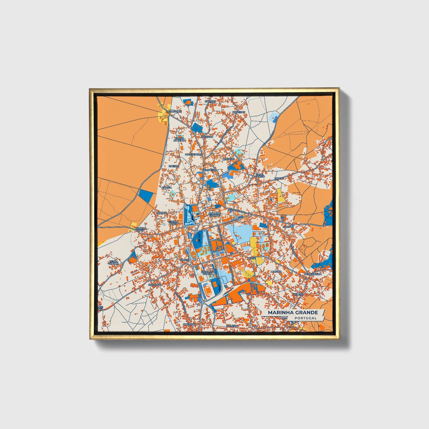Marinha Grande Portugal Colorful City Map Canvas Print • Gold Framed