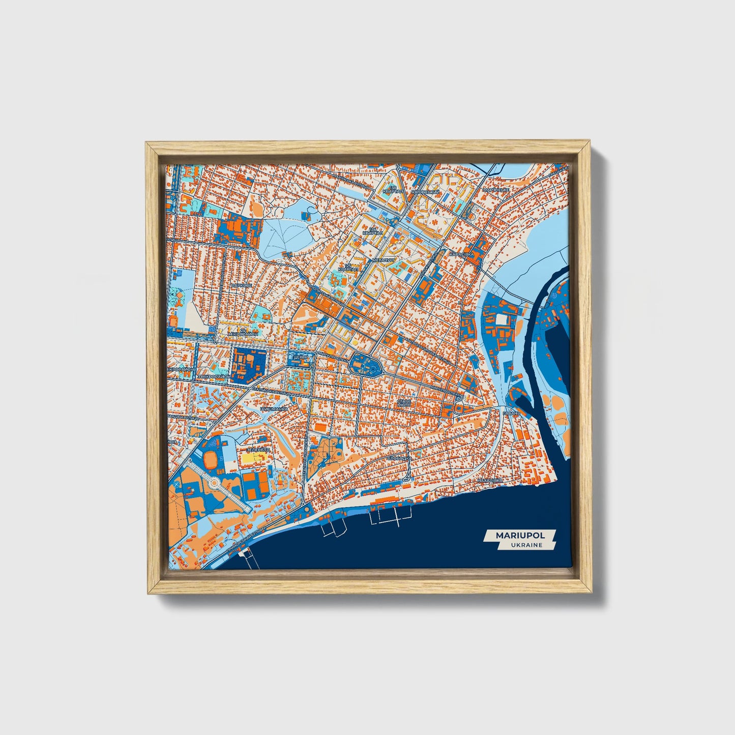Маріупол Ukraine Colorful City Map Canvas Print • Natural Wooden Framed