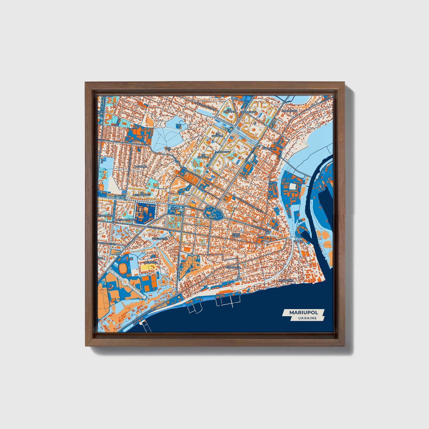 Маріупол Ukraine Colorful City Map Canvas Print • Dark Wooden Framed