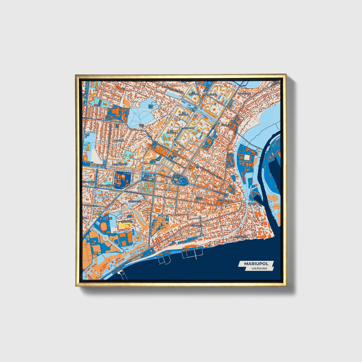 Маріупол Ukraine Colorful City Map Canvas Print • Gold Framed