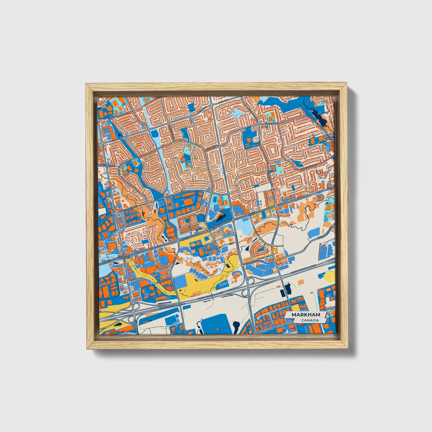 Markham Canada Colorful City Map Canvas Print • Natural Wooden Framed