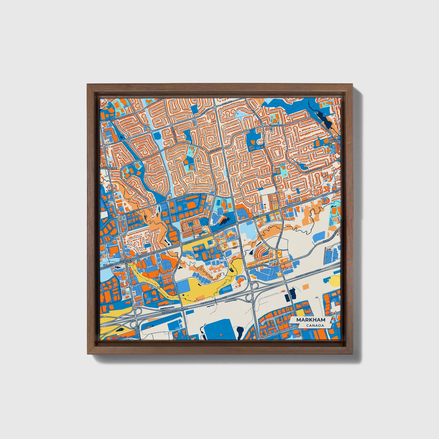 Markham Canada Colorful City Map Canvas Print • Dark Wooden Framed