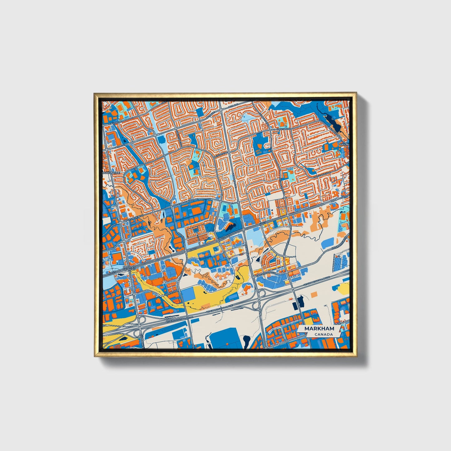 Markham Canada Colorful City Map Canvas Print • Gold Framed
