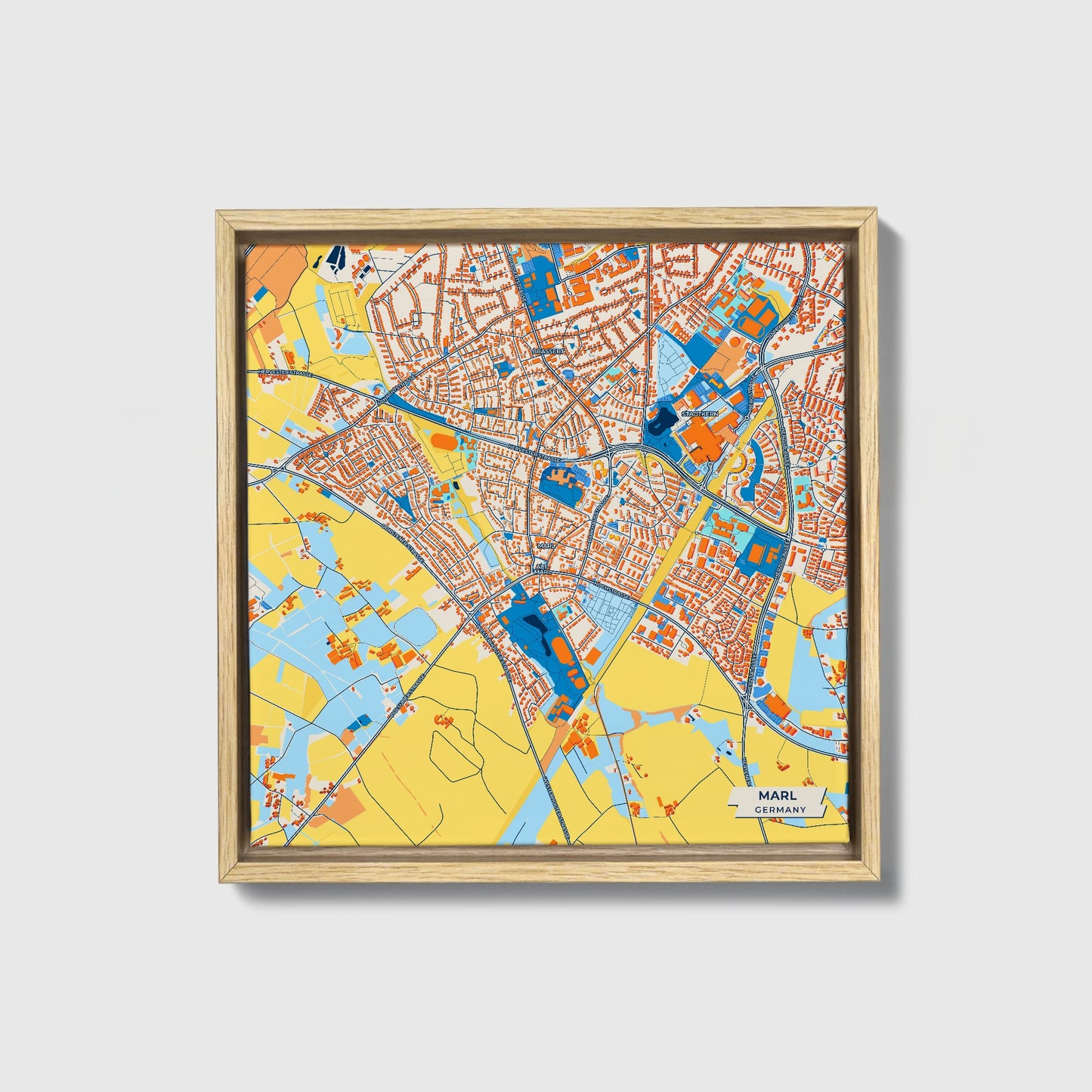 Marl Germany Colorful City Map Canvas Print • Natural Wooden Framed