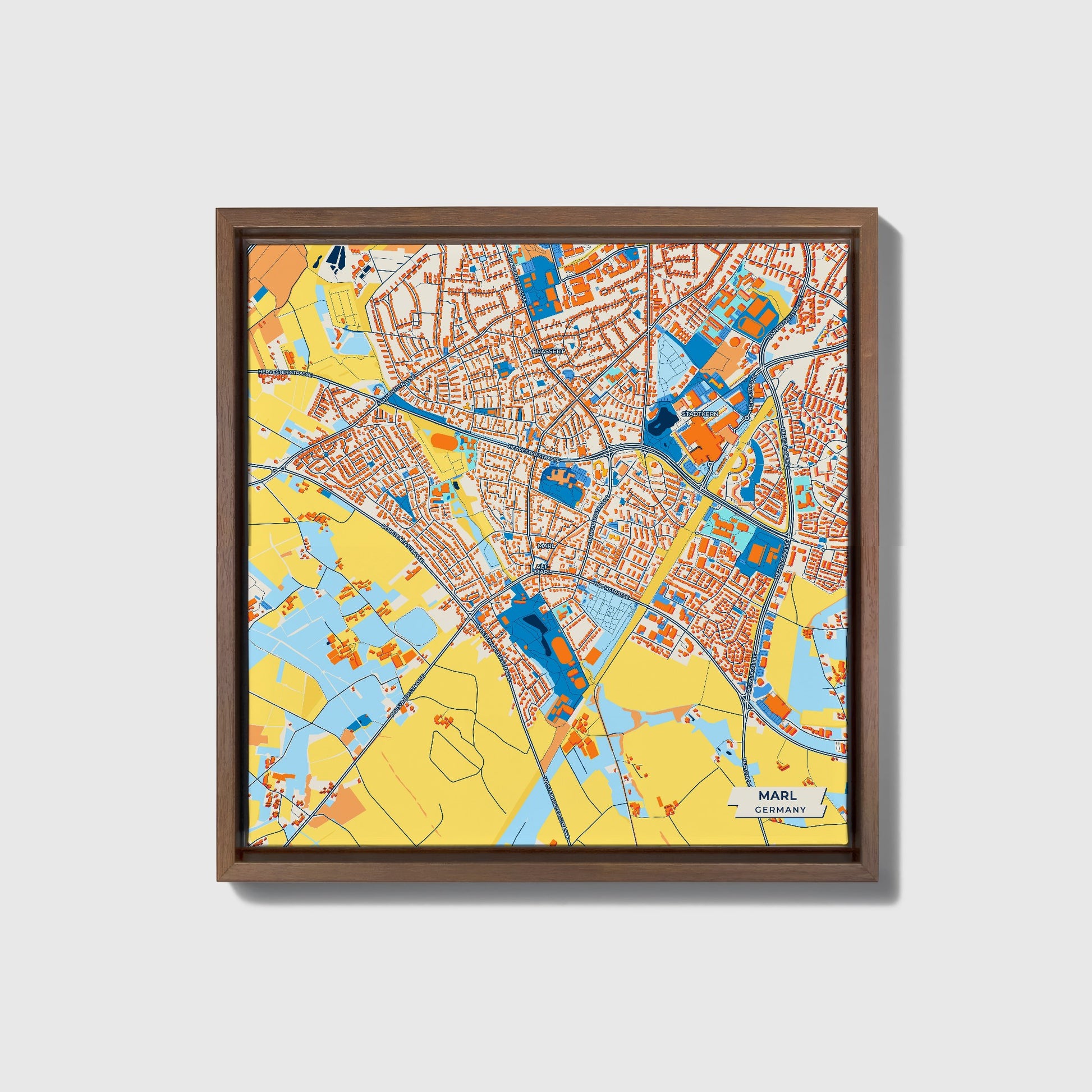 Marl Germany Colorful City Map Canvas Print • Dark Wooden Framed