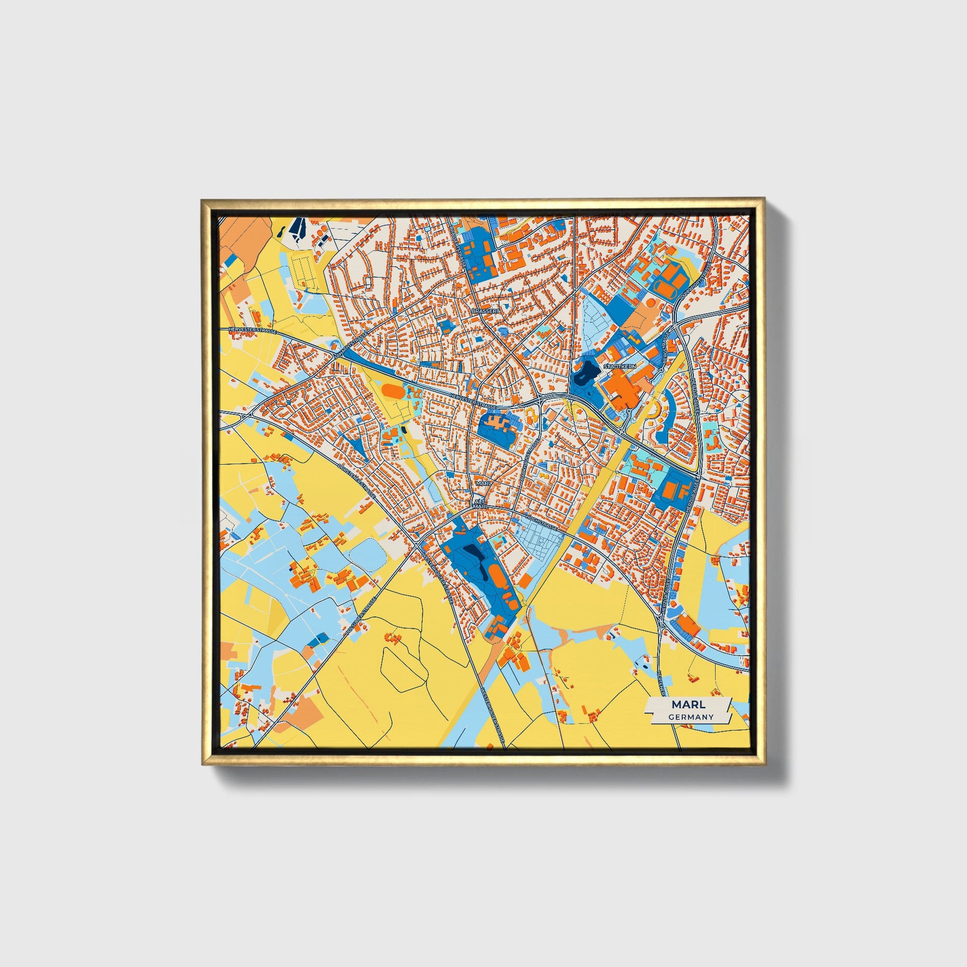 Marl Germany Colorful City Map Canvas Print • Gold Framed