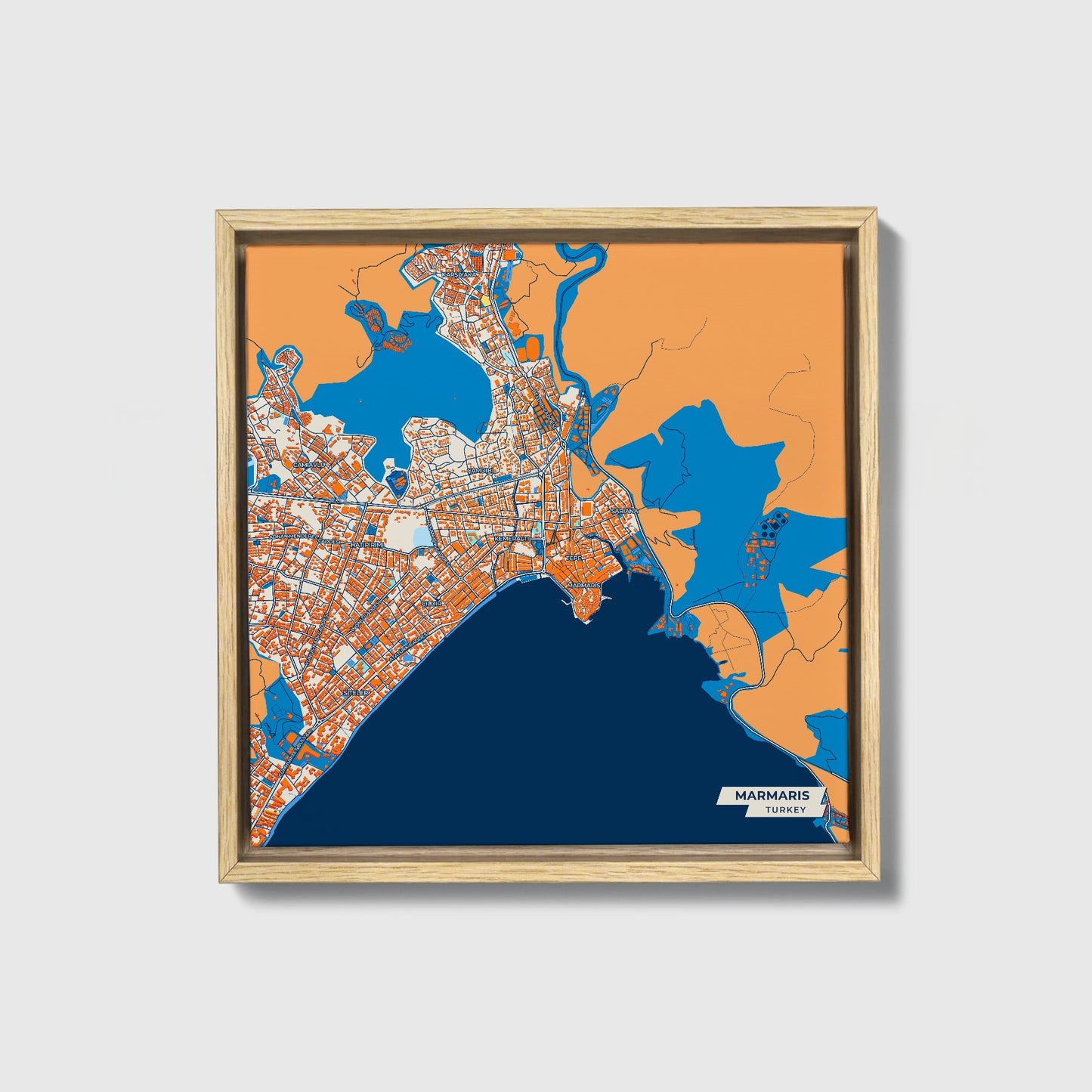 Marmari̇s Turkey Colorful City Map Canvas Print • Natural Wooden Framed
