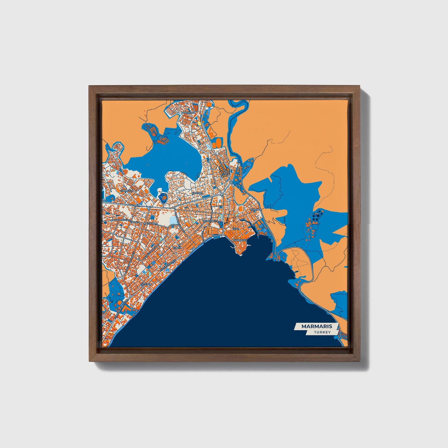 Marmari̇s Turkey Colorful City Map Canvas Print • Dark Wooden Framed