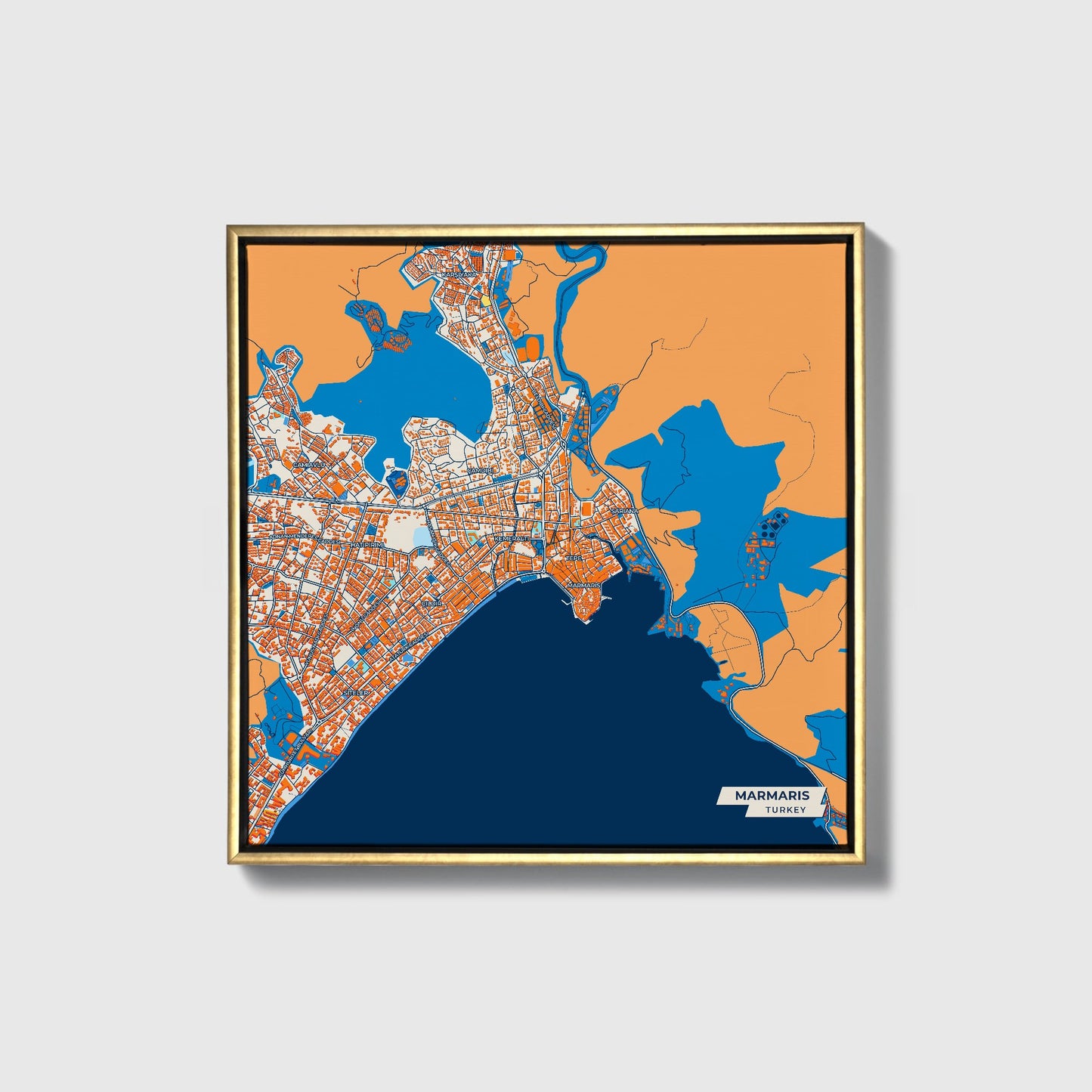 Marmari̇s Turkey Colorful City Map Canvas Print • Gold Framed