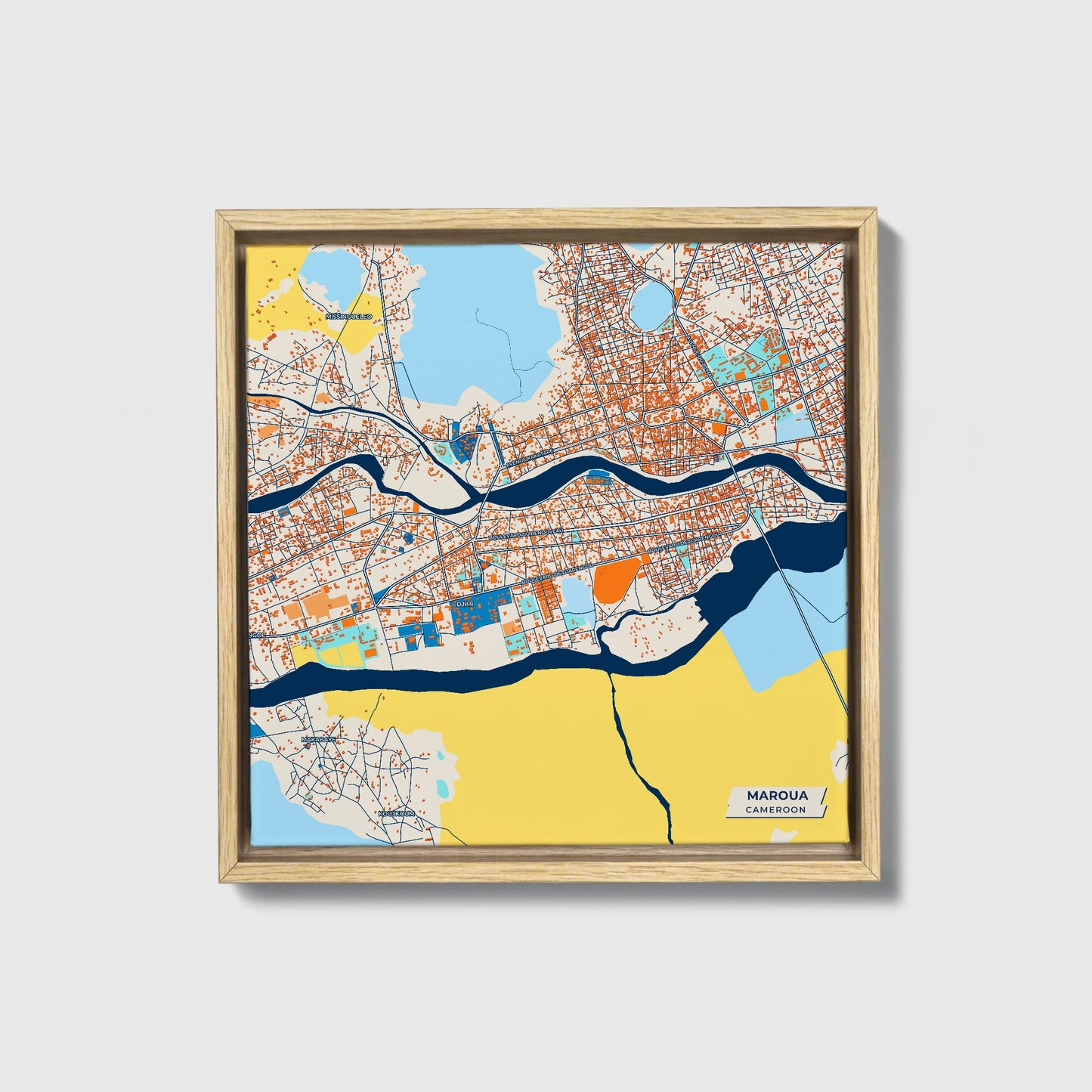 Maroua Cameroon Colorful City Map Canvas Print • Natural Wooden Framed