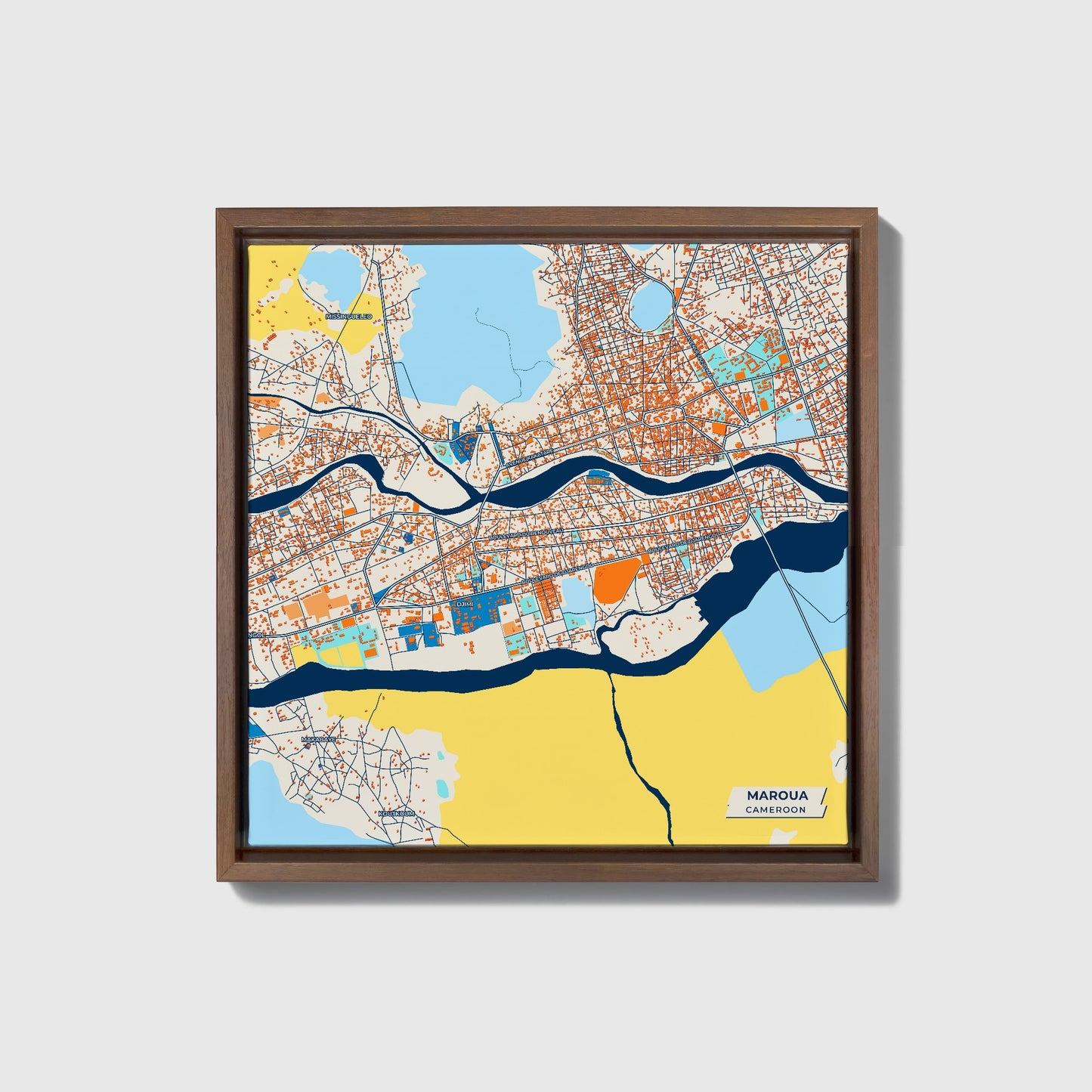 Maroua Cameroon Colorful City Map Canvas Print • Dark Wooden Framed
