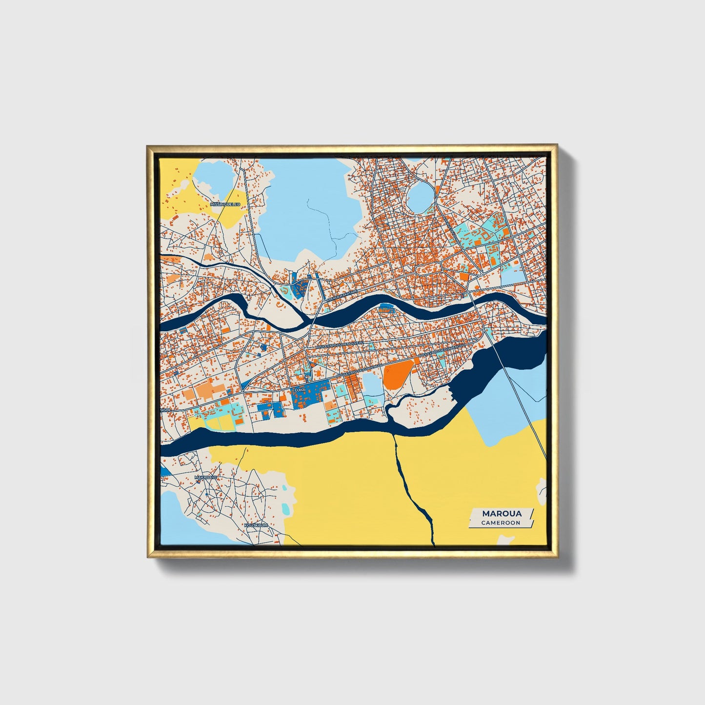 Maroua Cameroon Colorful City Map Canvas Print • Gold Framed