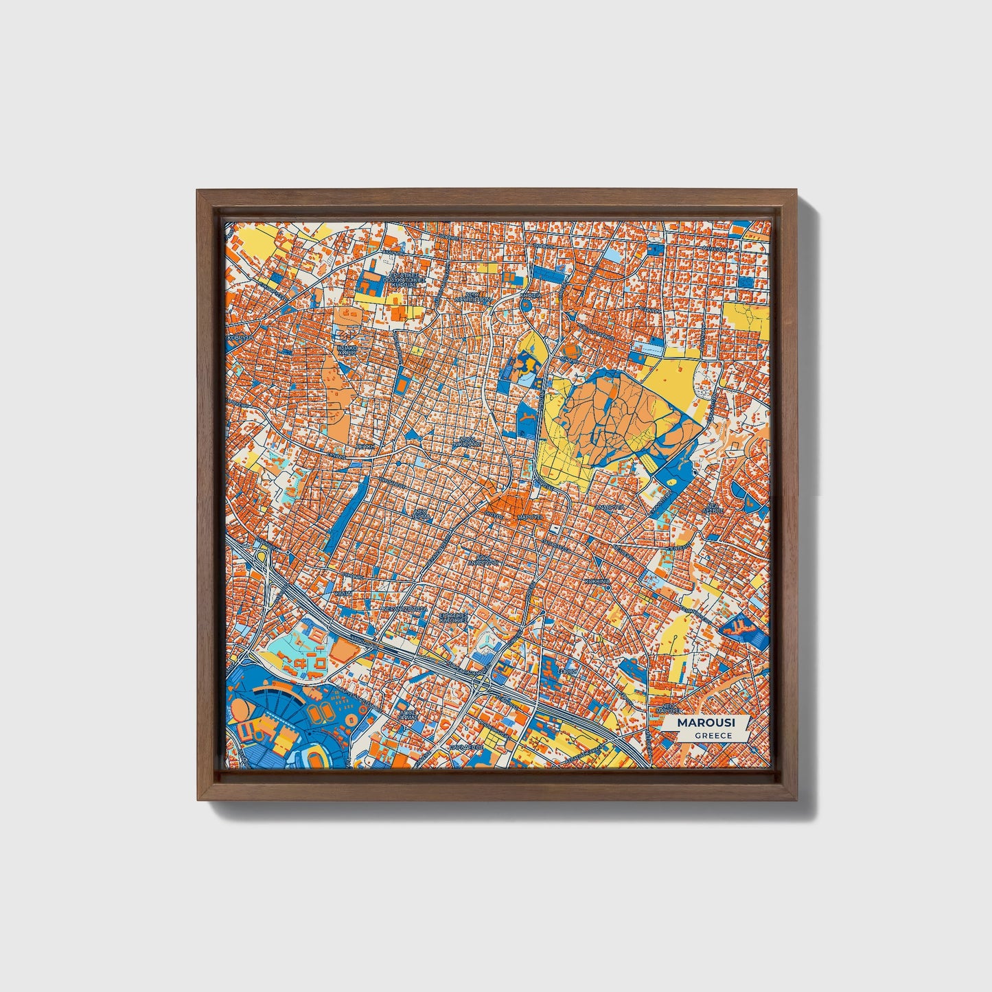 Μαρουσι Greece Colorful City Map Canvas Print • Dark Wooden Framed
