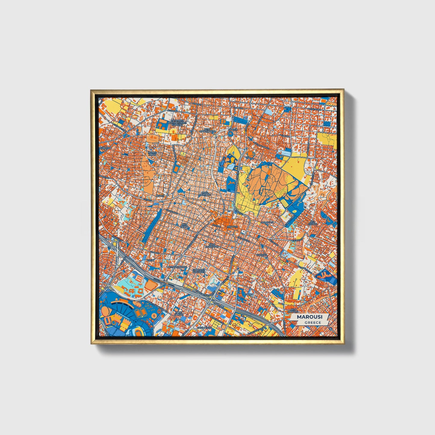 Μαρουσι Greece Colorful City Map Canvas Print • Gold Framed