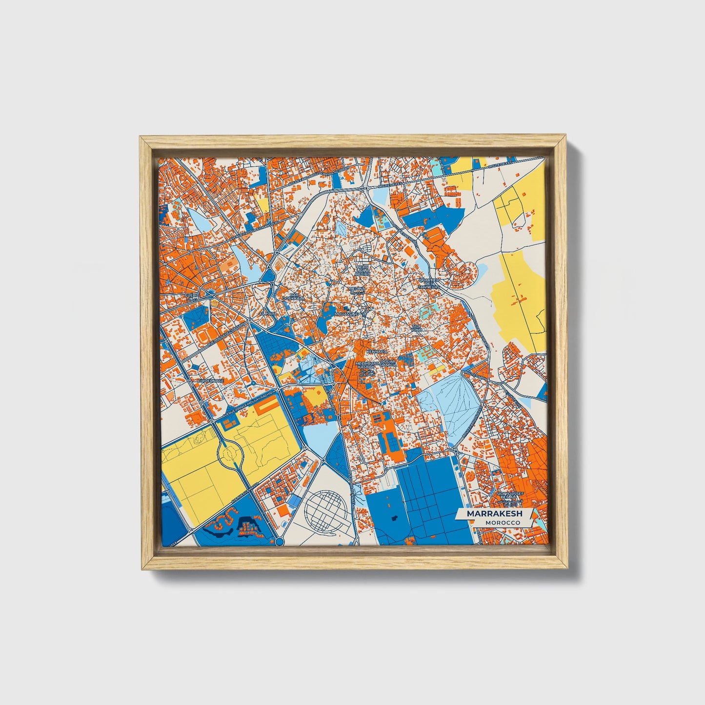 Marrakesh Morocco Colorful City Map Canvas Print • Natural Wooden Framed