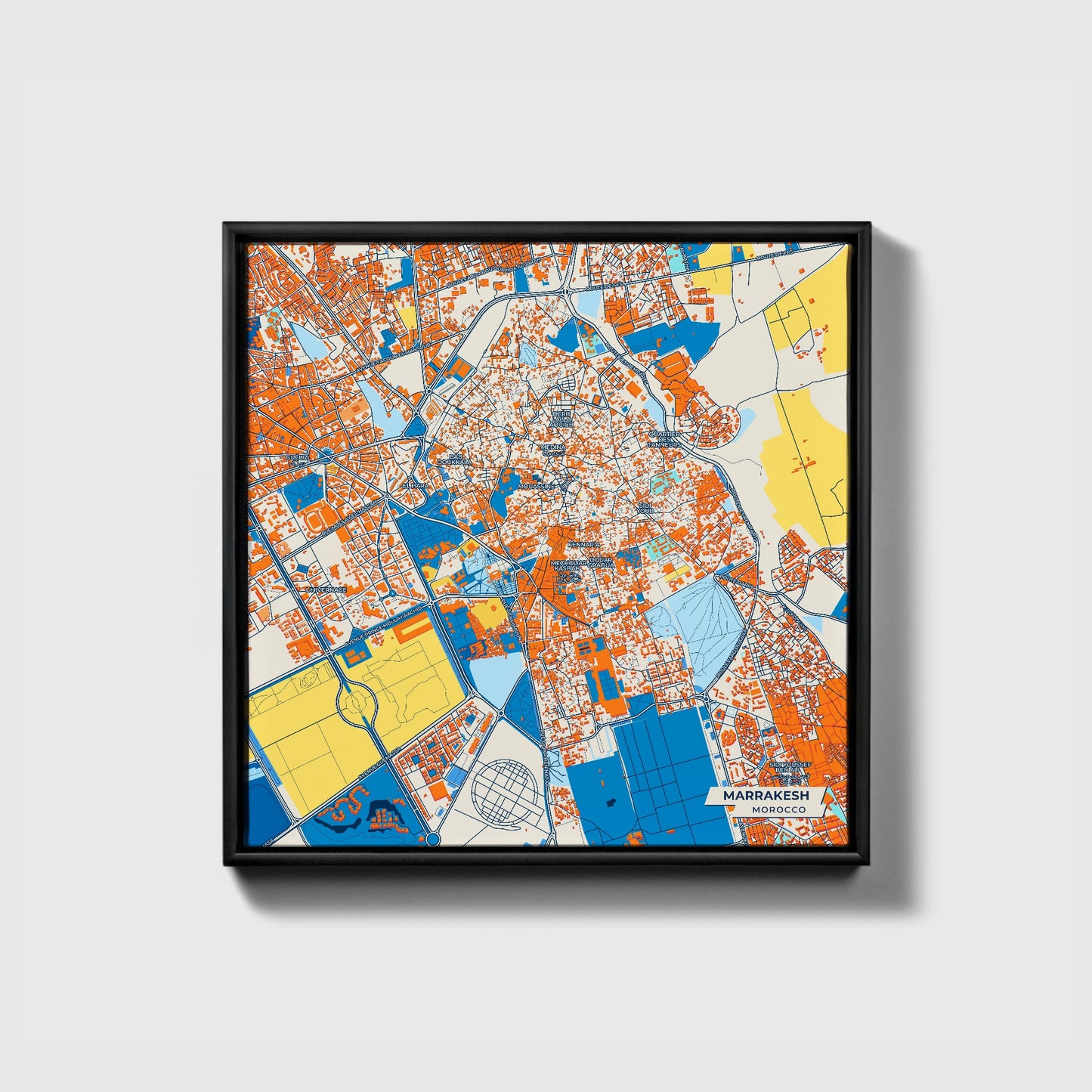 Marrakesh Morocco Colorful City Map Canvas Print • Black Framed