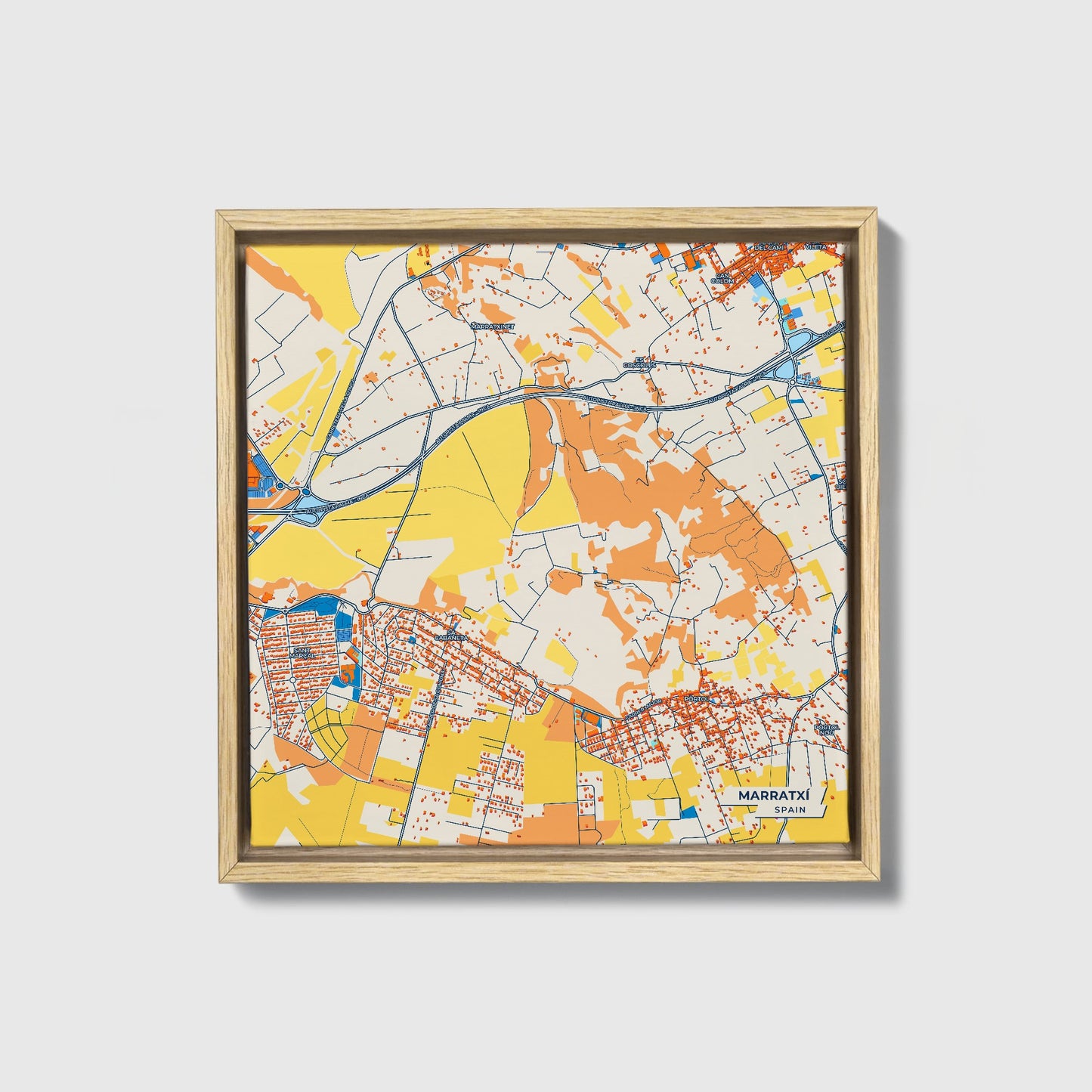 Marratxí Spain Colorful City Map Canvas Print • Natural Wooden Framed