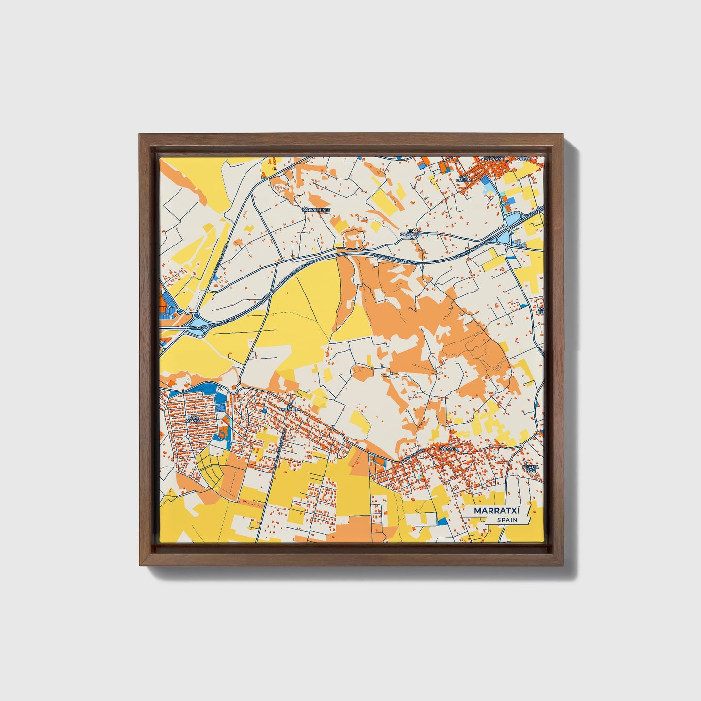 Marratxí Spain Colorful City Map Canvas Print • Dark Wooden Framed
