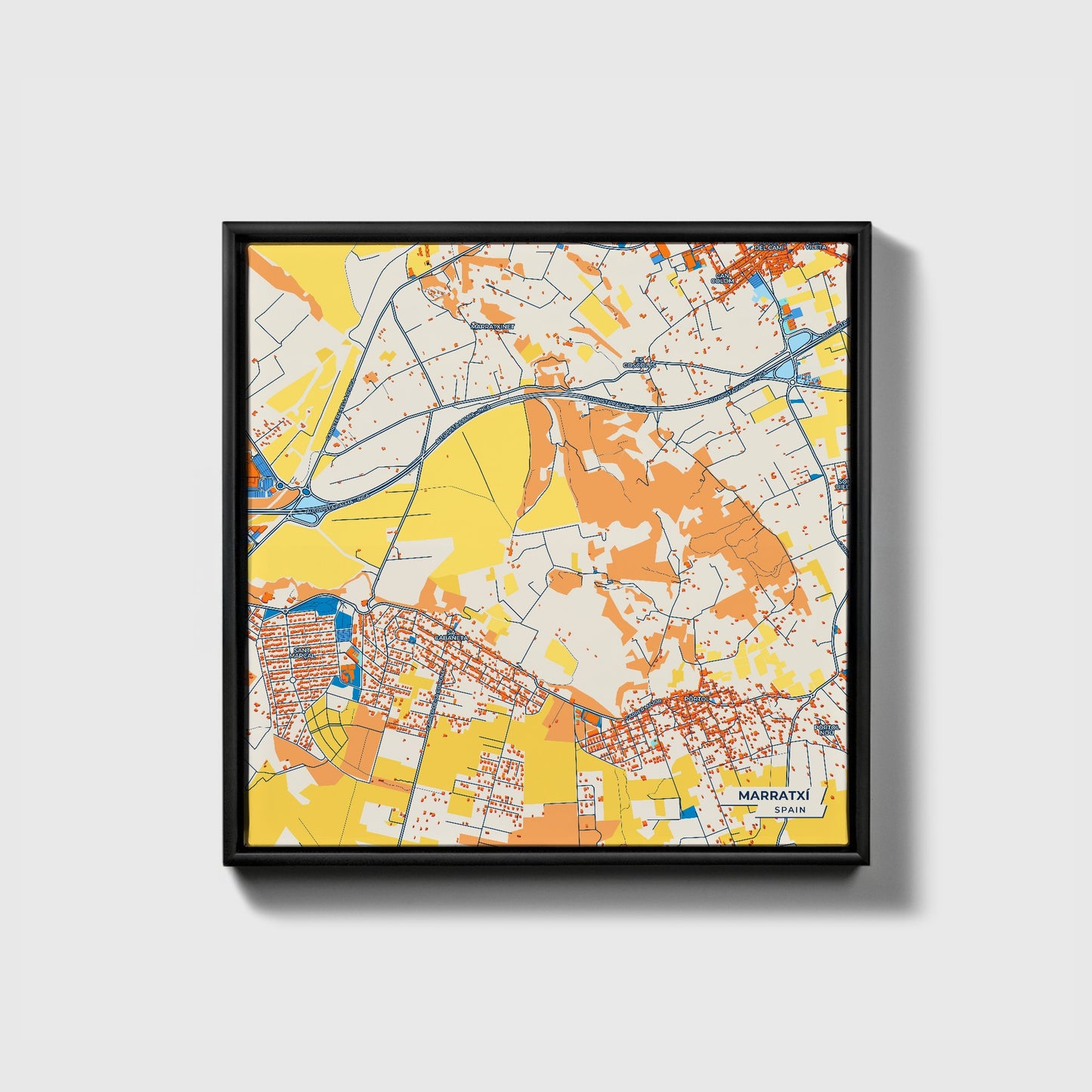 Marratxí Spain Colorful City Map Canvas Print • Black Framed
