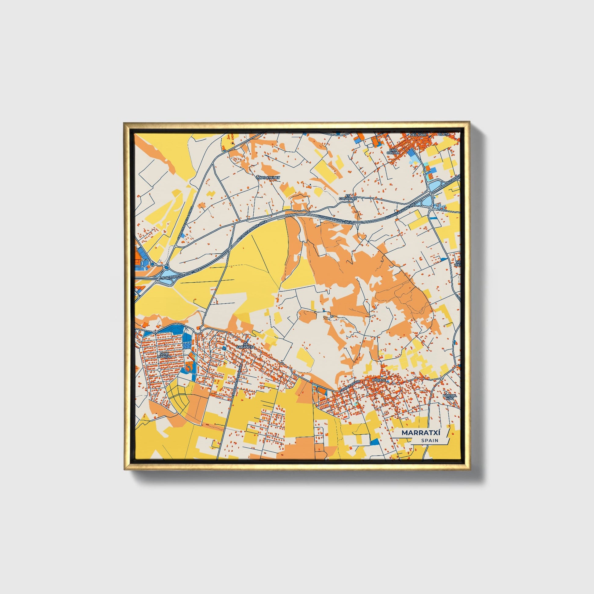 Marratxí Spain Colorful City Map Canvas Print • Gold Framed