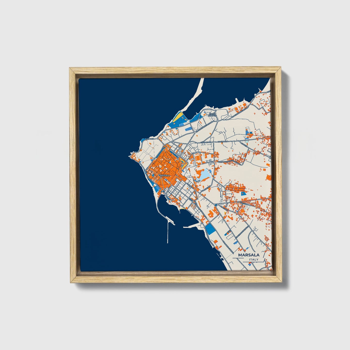 Marsala Italy Colorful City Map Canvas Print • Natural Wooden Framed