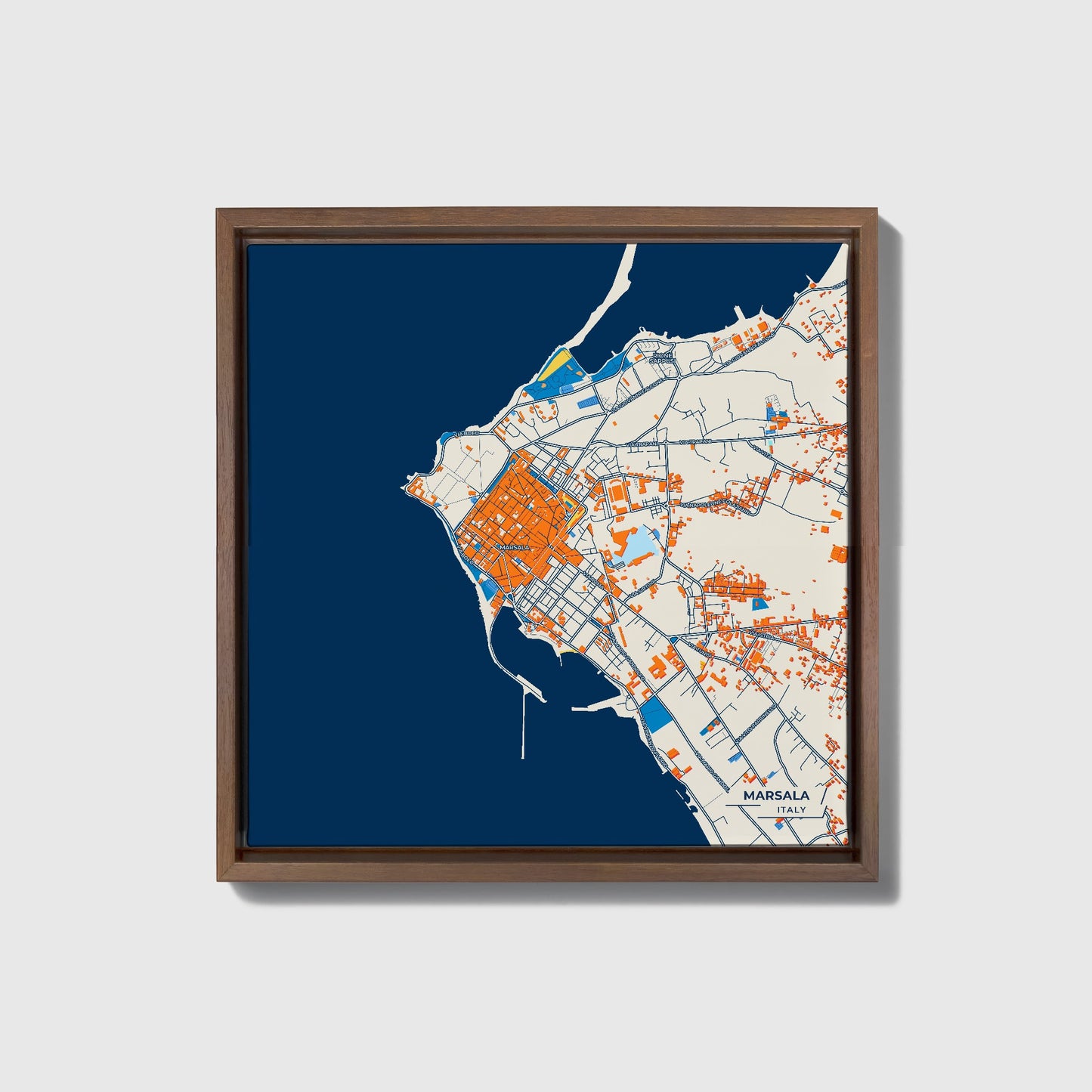 Marsala Italy Colorful City Map Canvas Print • Dark Wooden Framed