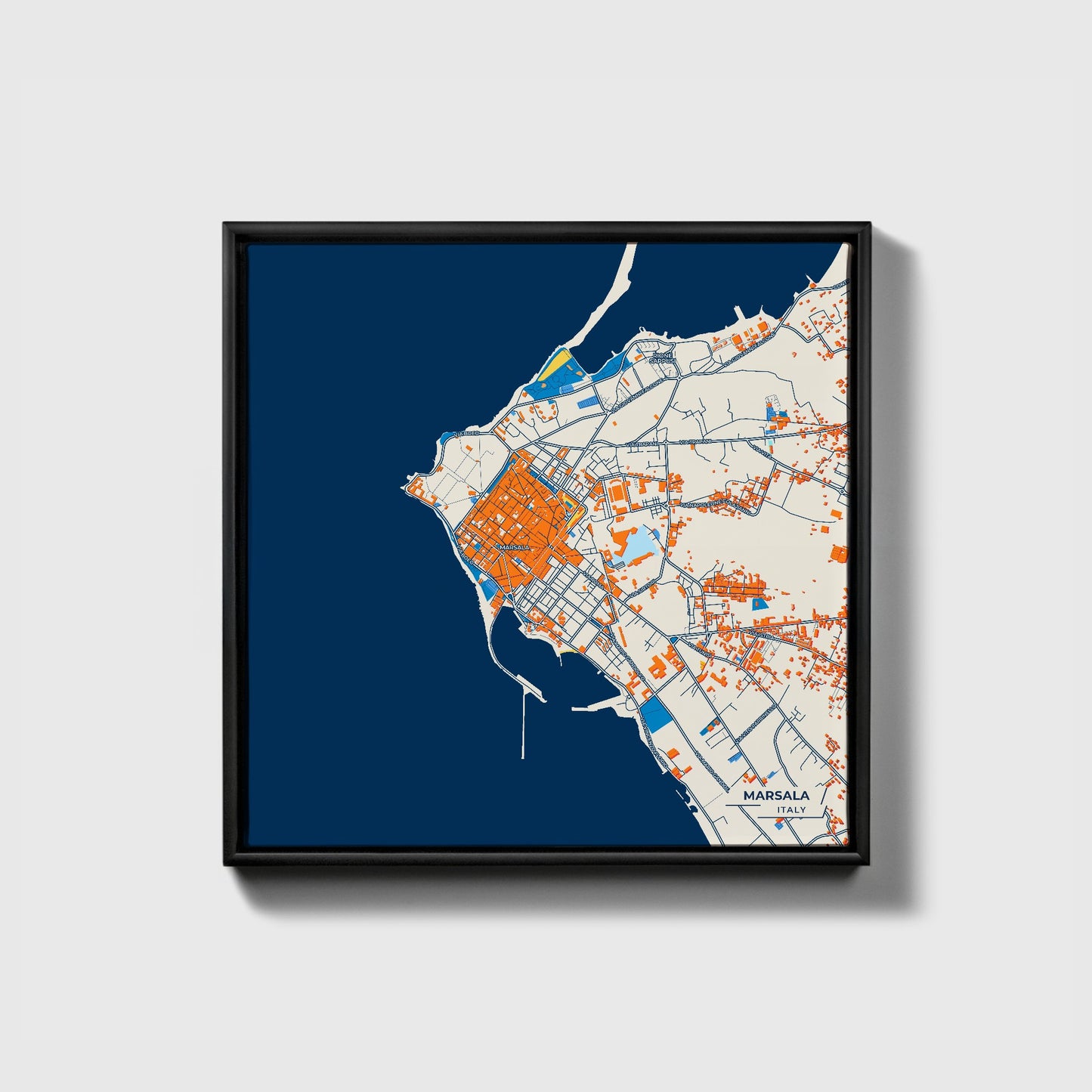 Marsala Italy Colorful City Map Canvas Print • Black Framed